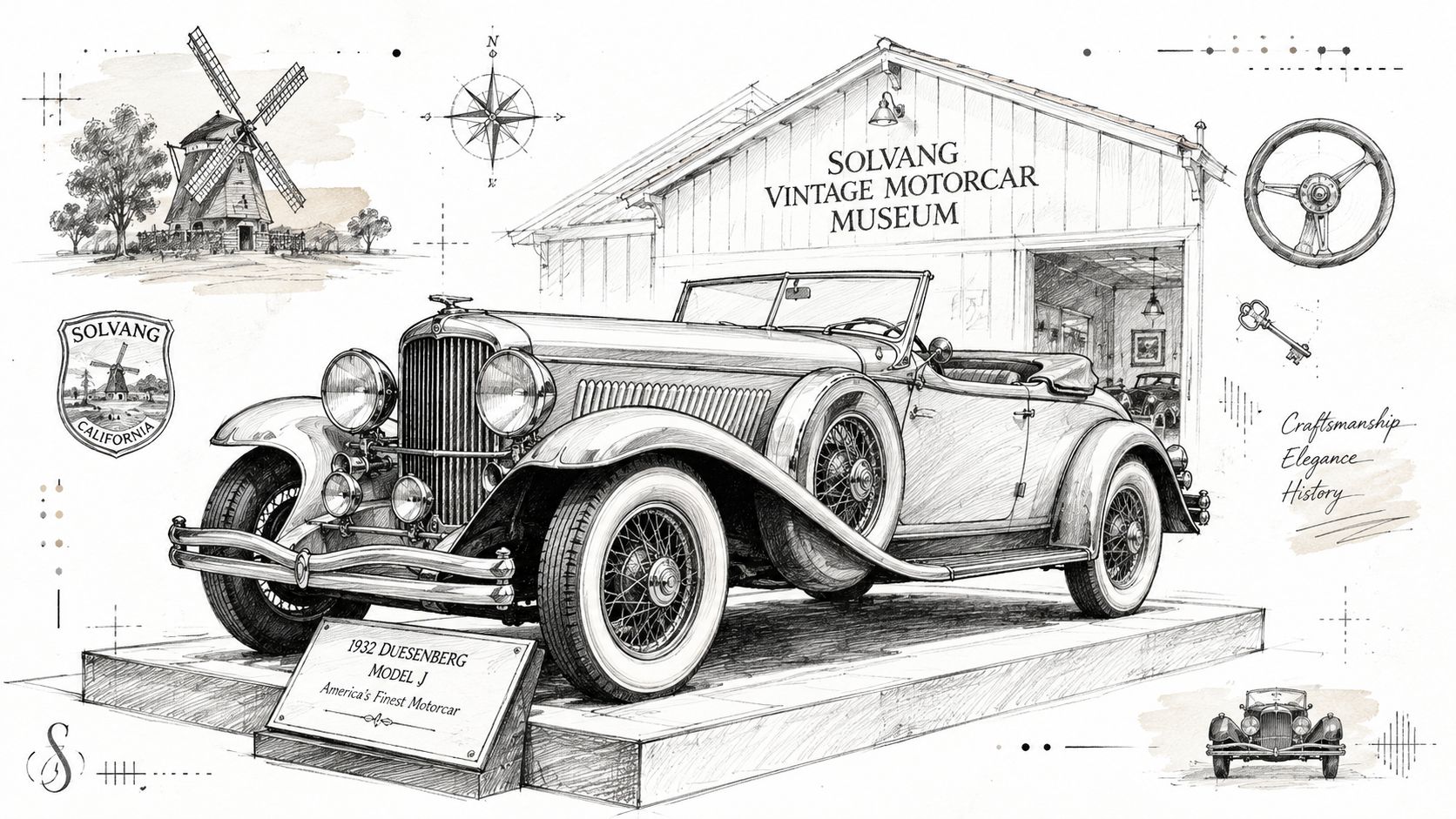 A detailed sketch of a 1932 Duesenberg Model J displayed at the Solvang Vintage Motorcar Museum.
