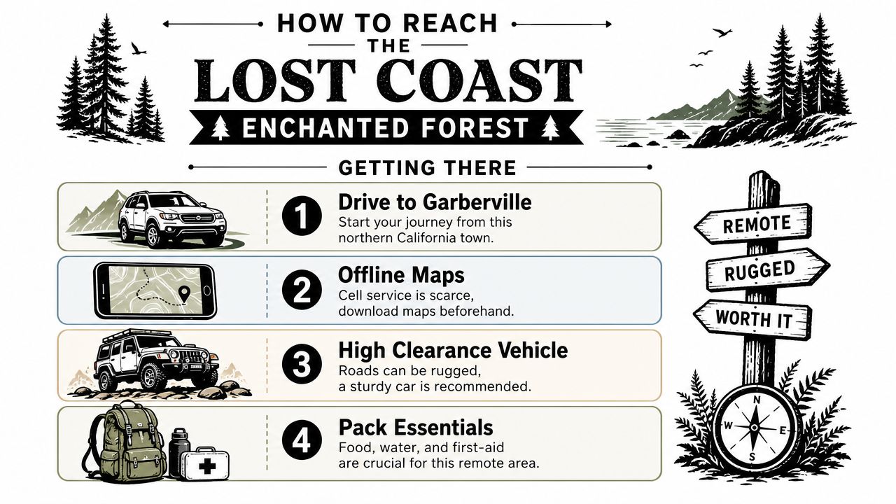 An infographic titled How to Reach the Lost Coast Enchanted Forest with four essential travel steps.