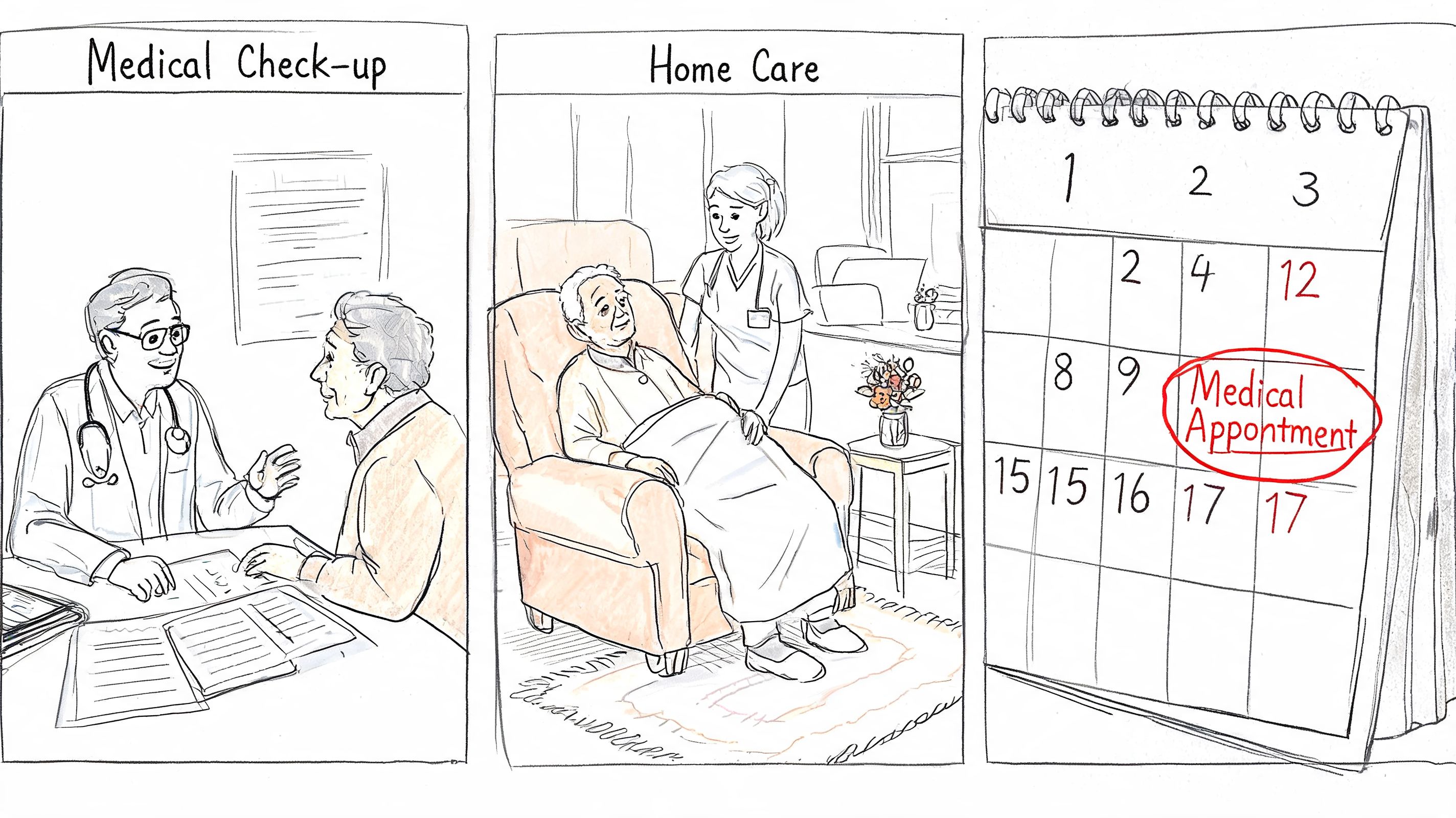 A three-panel illustration showing a medical check-up, home care, and a calendar marked for a medical appointment.