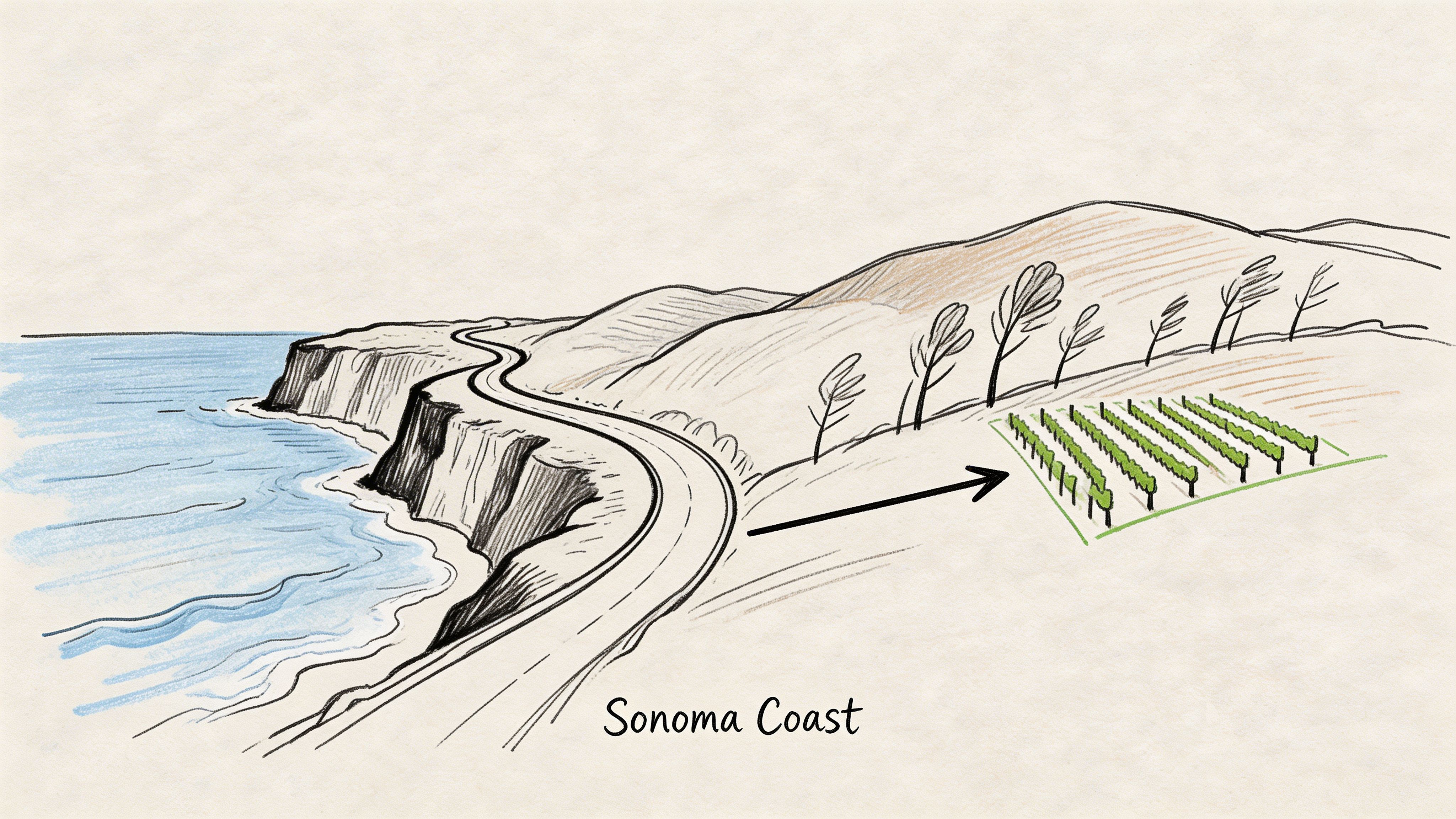 A hand-drawn illustration depicting a coastal vineyard located along the scenic cliffs of the Sonoma Coast.