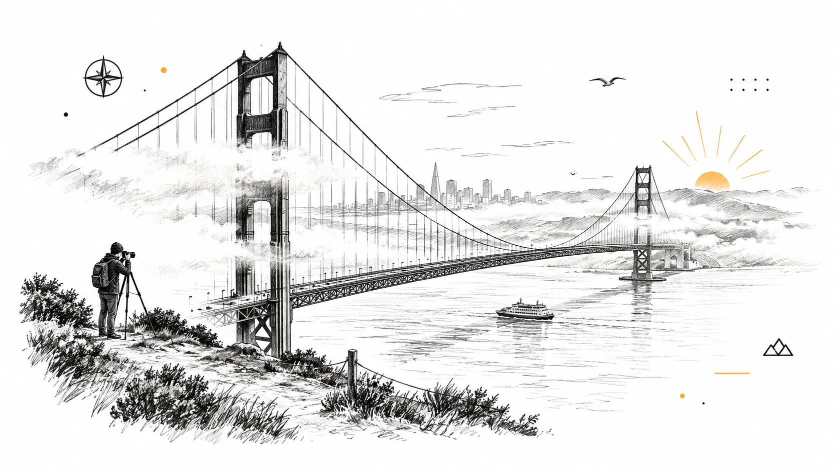 A pencil sketch of a photographer taking a picture of the Golden Gate Bridge in San Francisco.