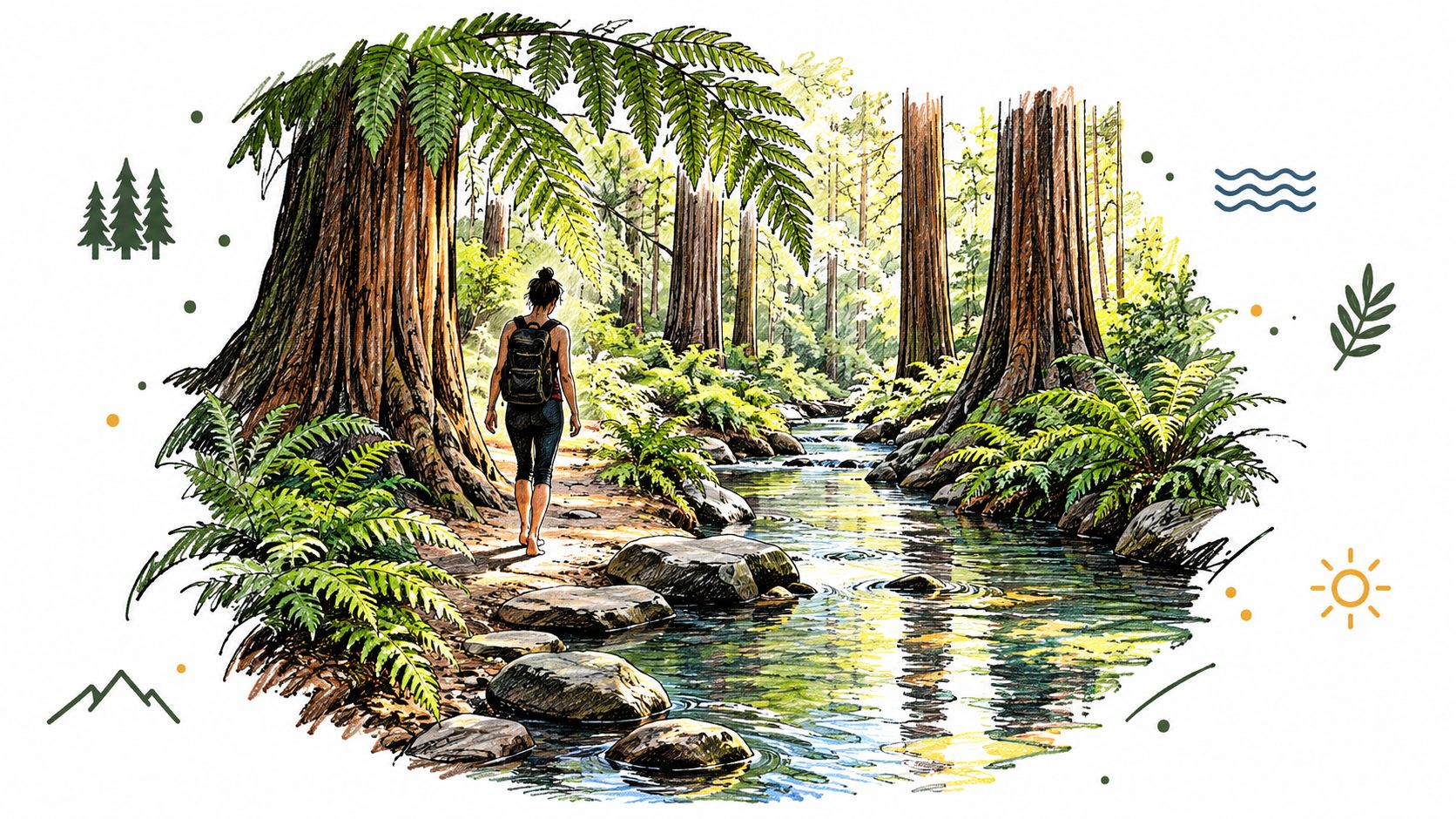 A person with a backpack hiking along a scenic stream in a lush redwood forest.