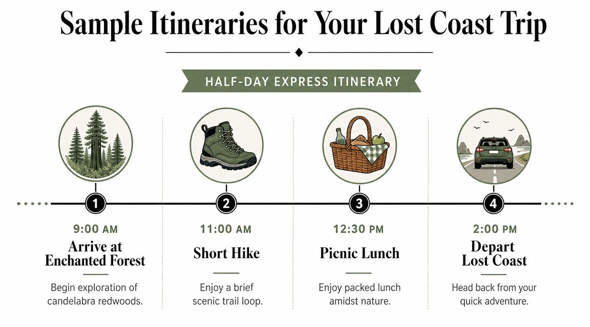 A half-day express itinerary for a Lost Coast trip starting at the Enchanted Forest at 9:00 AM.