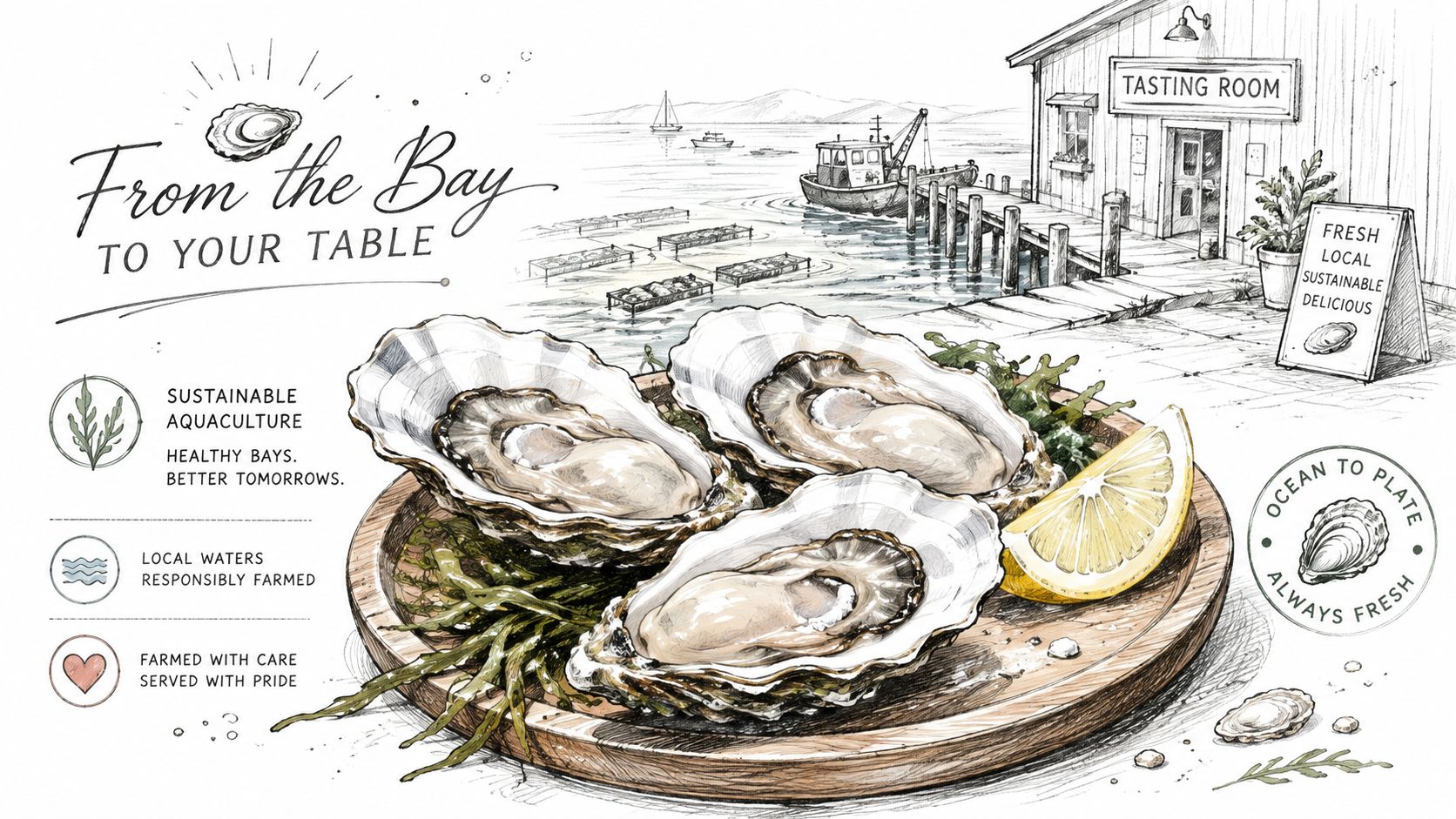 A hand-drawn illustration featuring fresh oysters on a wooden platter with a bay and tasting room background.