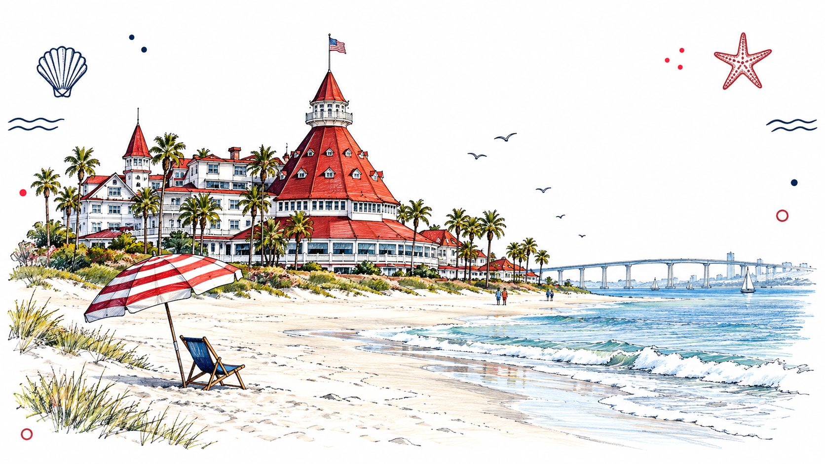 A scenic watercolor illustration of the historic Hotel del Coronado beach in San Diego, California.