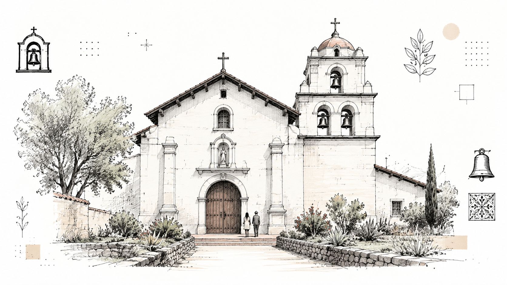 A beautiful artistic sketch of Old Mission Santa Inés in Solvang California with people walking towards it.