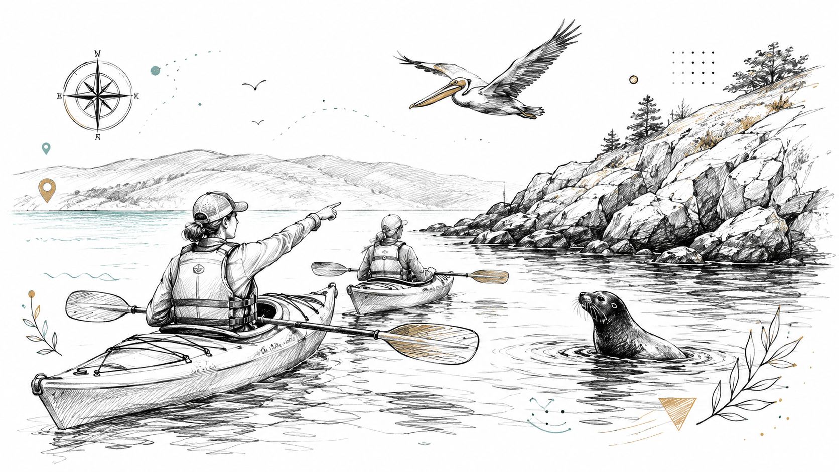 Two kayakers observe a seal and a pelican while paddling along the rugged Bodega Bay coastline.
