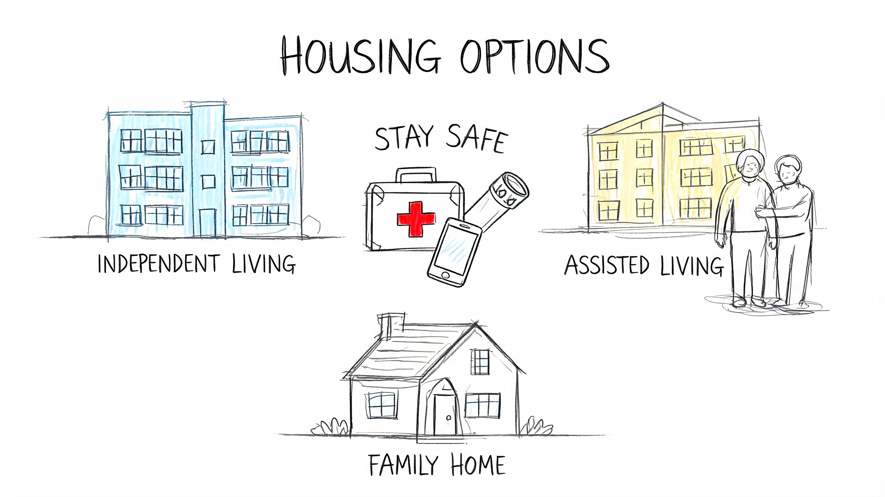 A hand-drawn illustration depicting three housing options for seniors: independent living, assisted living, and the family home.