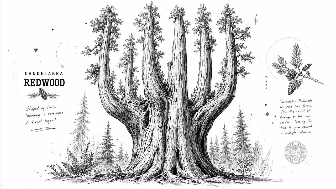 A detailed botanical illustration of a majestic Candelabra Redwood tree standing in a serene forest setting.
