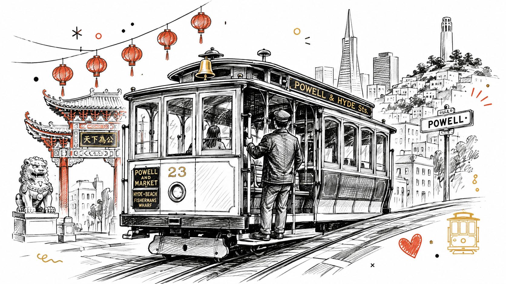 A detailed sketch of a classic San Francisco cable car traveling past Chinatown and city landmarks.