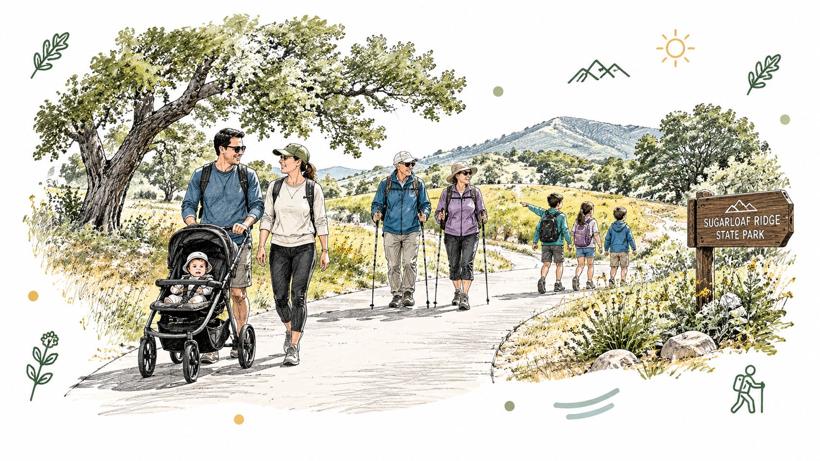 A family enjoying a scenic hike together on a trail at Sugarloaf Ridge State Park.