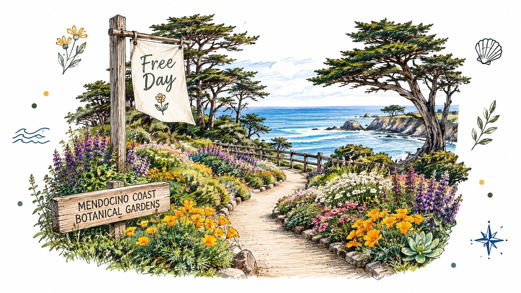 A scenic watercolor illustration of the Mendocino Coast Botanical Gardens path overlooking the blue ocean.