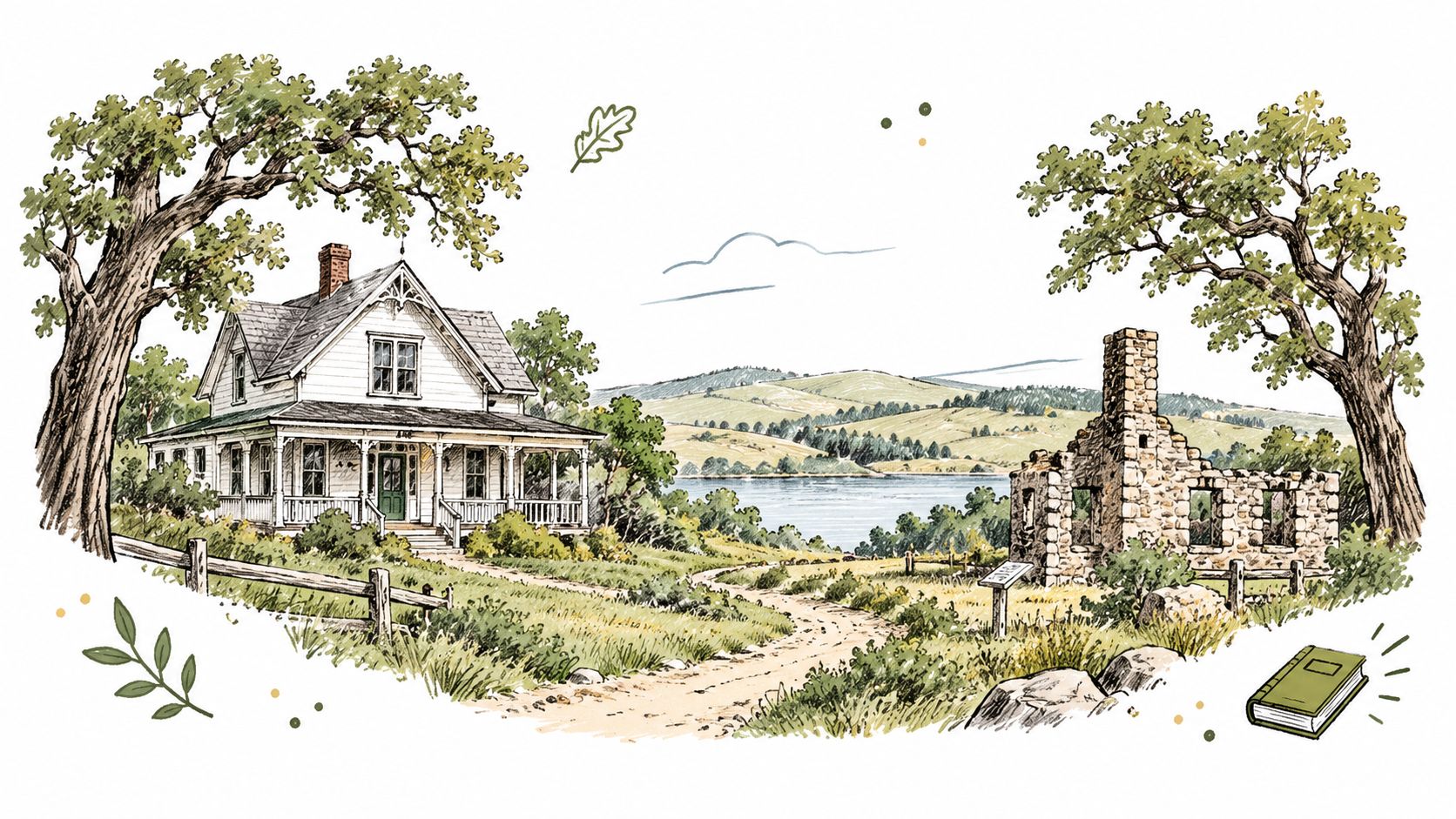 A charming illustration of a historic house alongside stone ruins near a serene lake and hills.