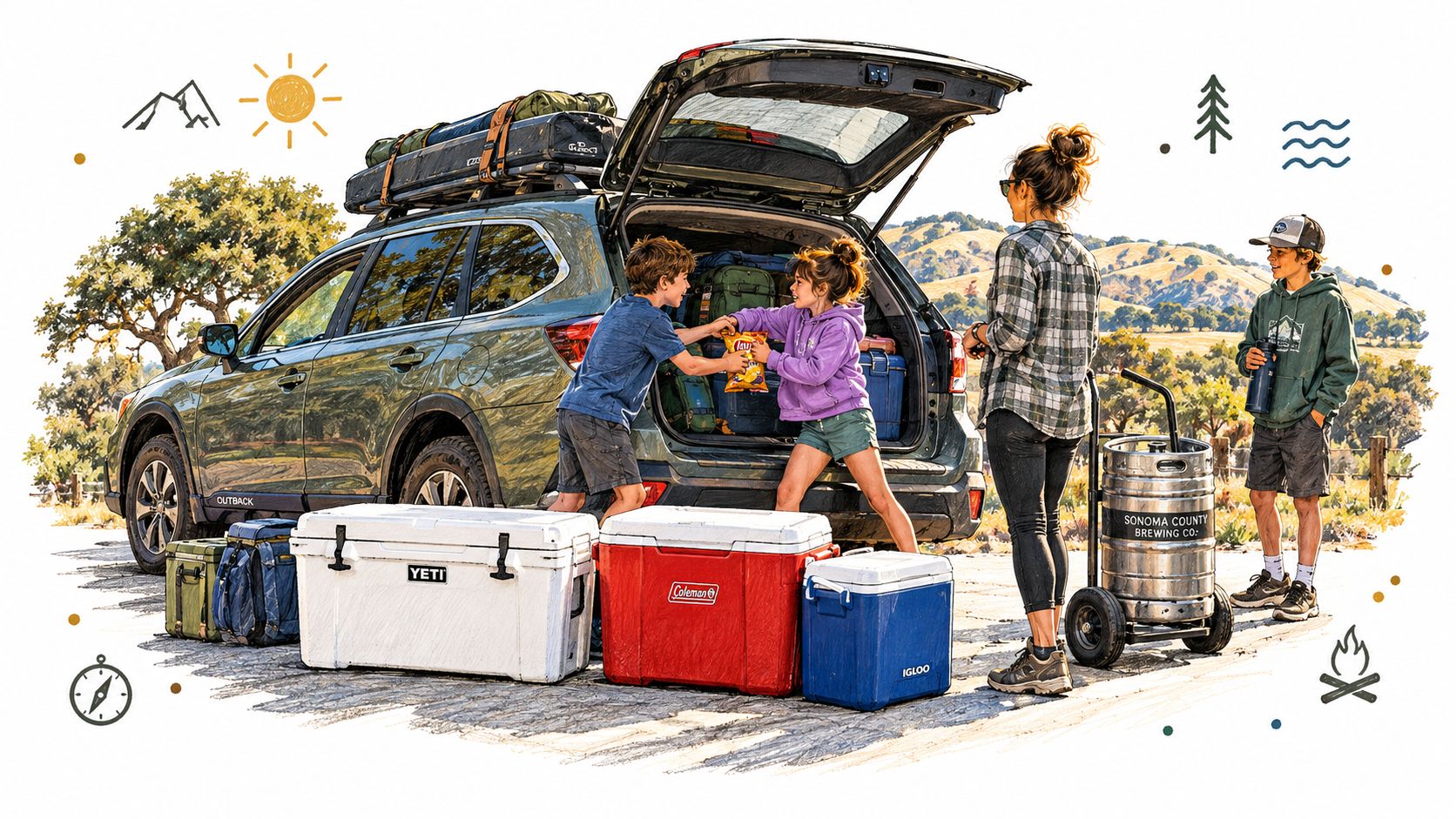 A family packing their Subaru Outback for a camping trip with various coolers and gear.