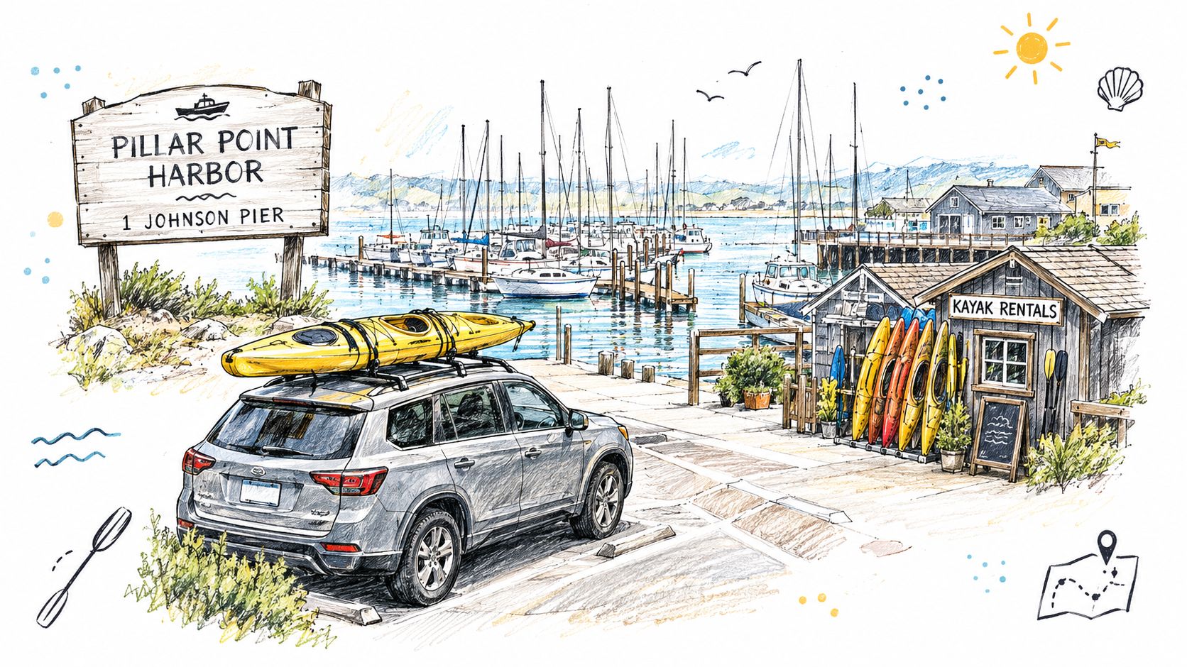 A hand-drawn illustration of a car with a yellow kayak on top parked at Pillar Point Harbor.