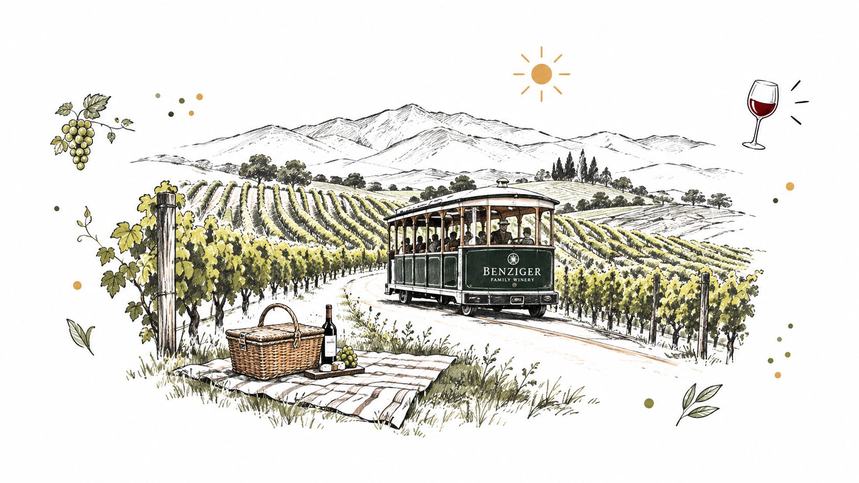 A scenic illustration of a tram touring the Benziger Family Winery vineyards in Glen Ellen, California.