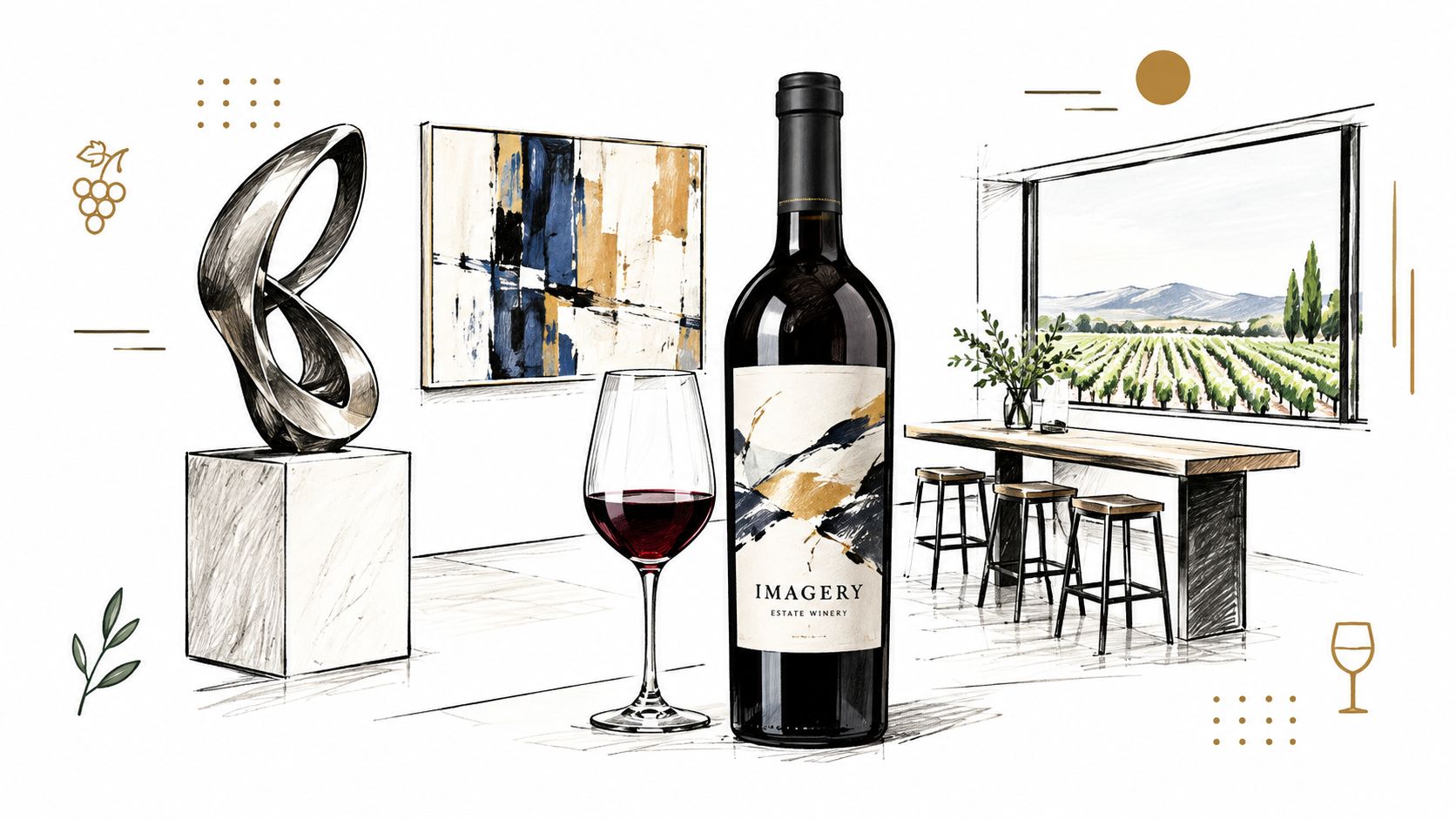 A sophisticated sketch depicting an Imagery Estate Winery wine bottle, a glass of red wine, and gallery decor.