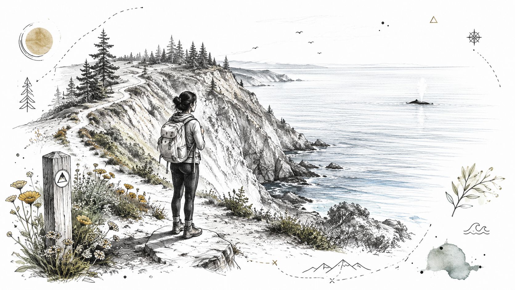 A traveler with a backpack stands on a cliffside trail in Bodega Bay overlooking the ocean.