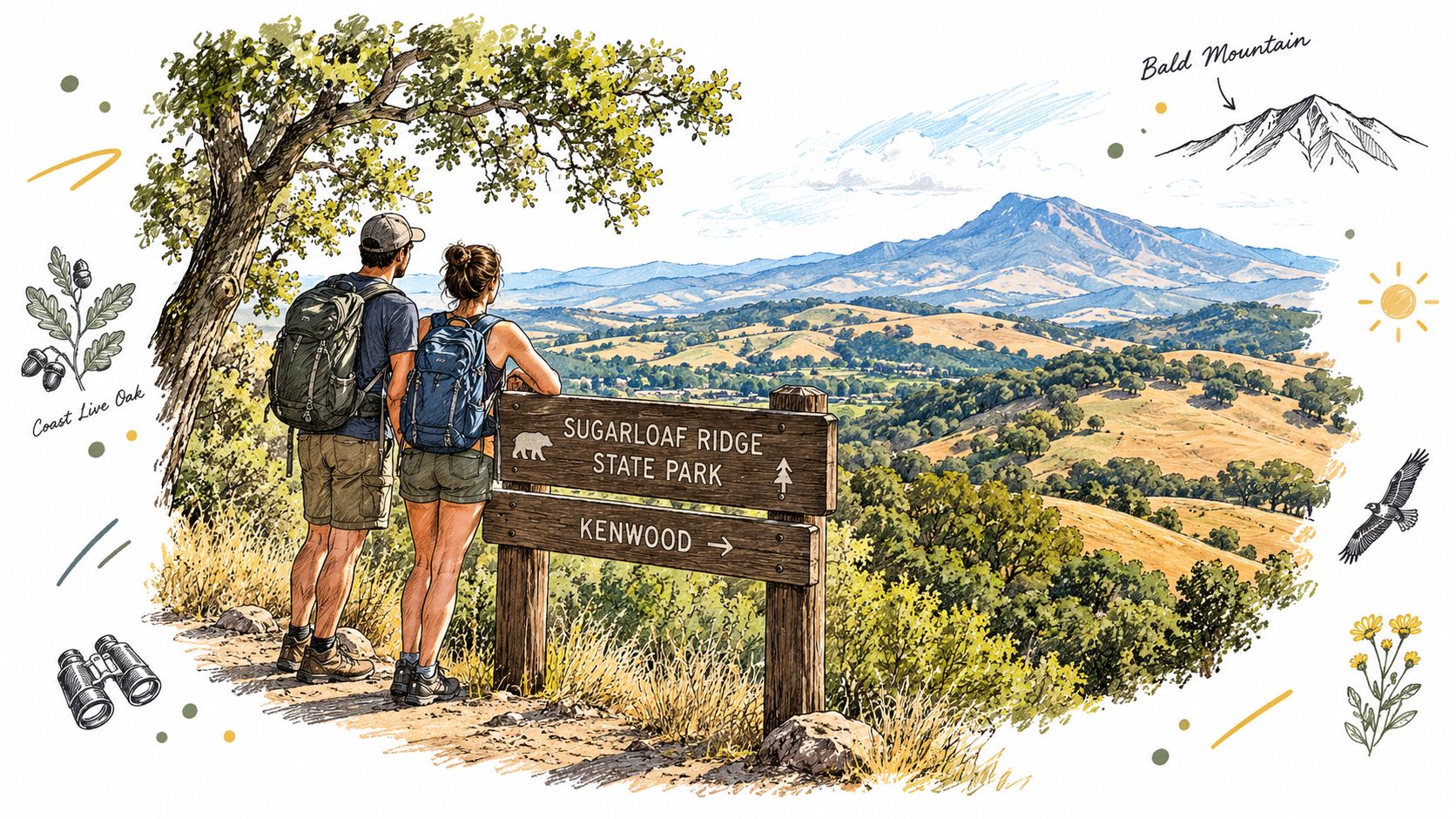 A couple wearing backpacks looking at the scenic valley view at Sugarloaf Ridge State Park.