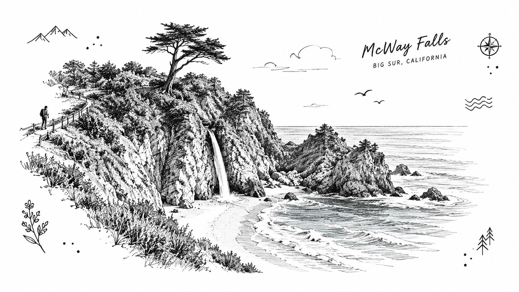 A beautiful line art drawing of McWay Falls in Big Sur, California, with a hiking trail nearby.