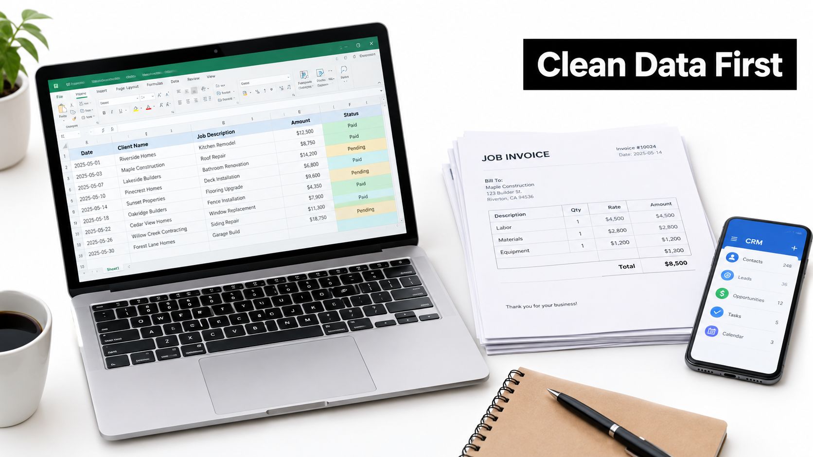 A laptop, a paper invoice, and a mobile phone displaying CRM software on a desk surface.