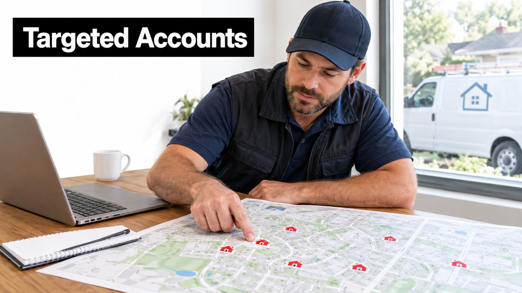 A professional service worker analyzing targeted accounts on a map to optimize his daily route and strategy.
