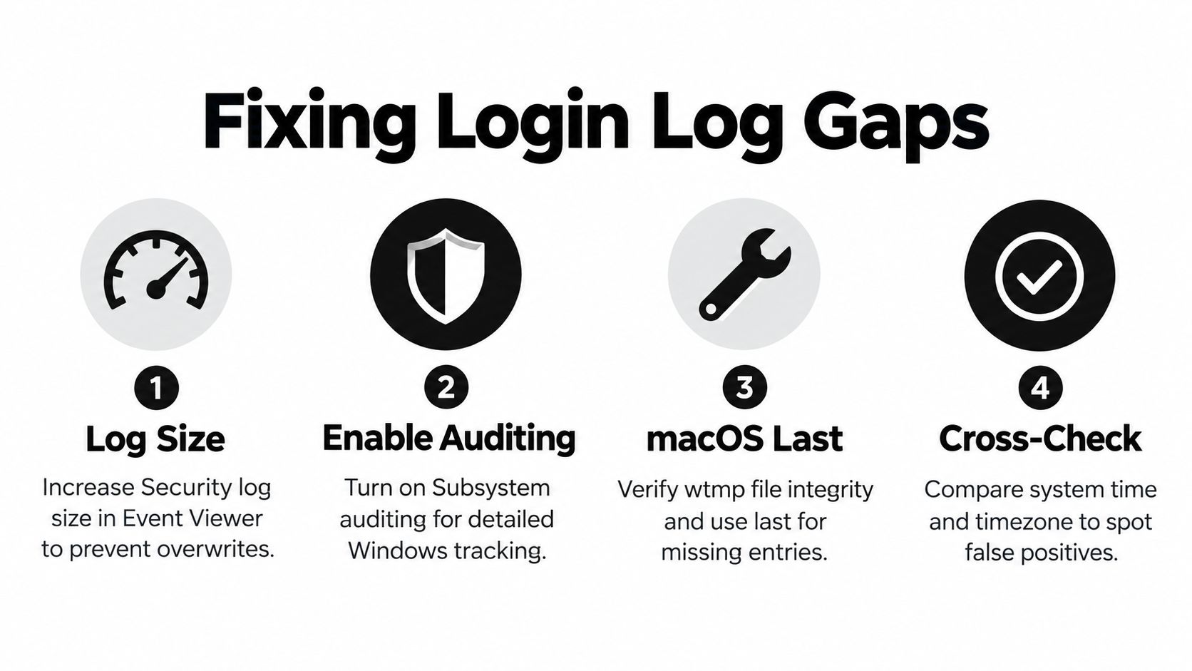 A diagram illustrating four steps to fix login log gaps including increasing log size and enabling auditing.