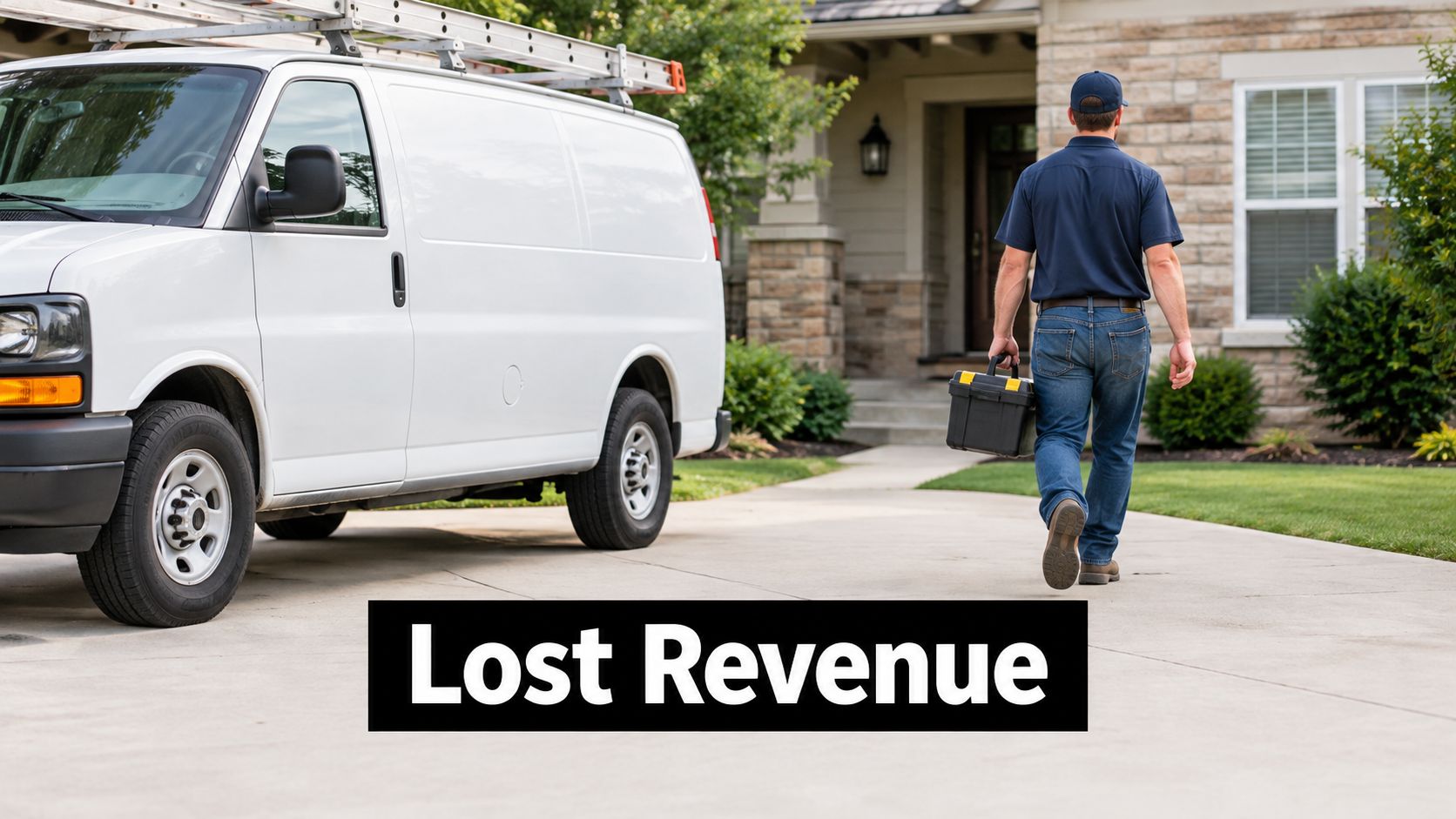 A professional technician carrying a toolbox towards a suburban house after stepping out of his service van.