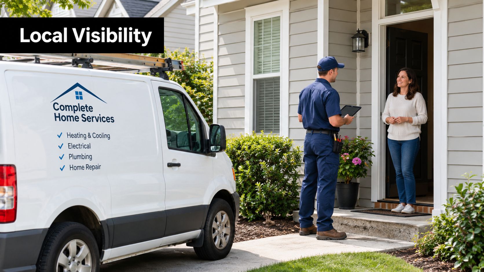 A service technician talking to a homeowner at her doorstep with a white work van parked nearby.
