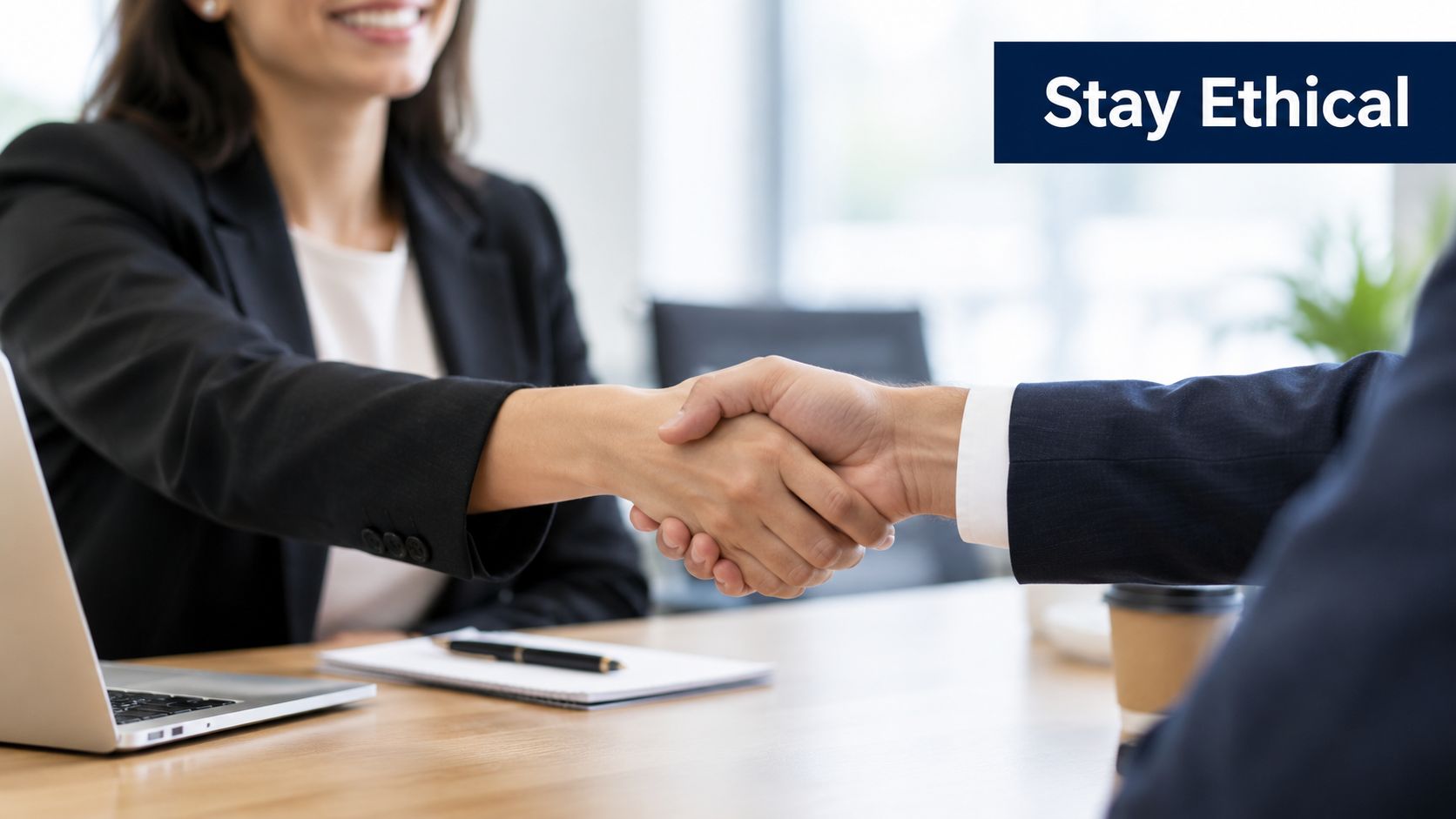 A businesswoman and a businessman in suits shaking hands during a professional meeting at an office desk.