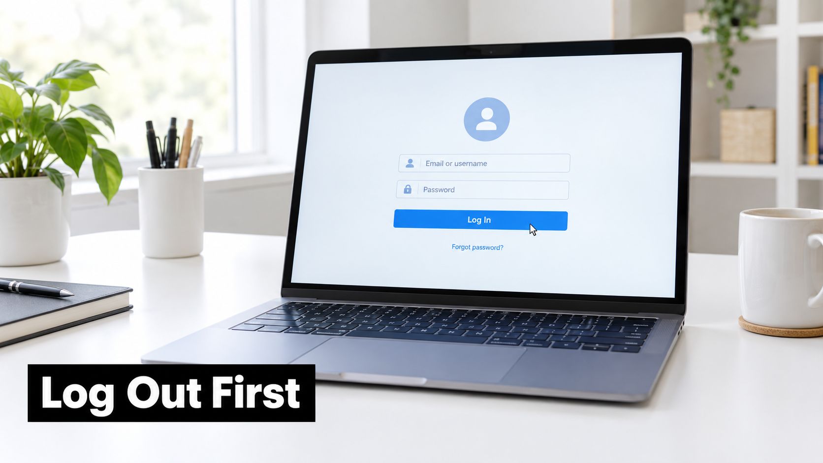 A laptop on a desk showing a login screen with fields for email, username, and password.