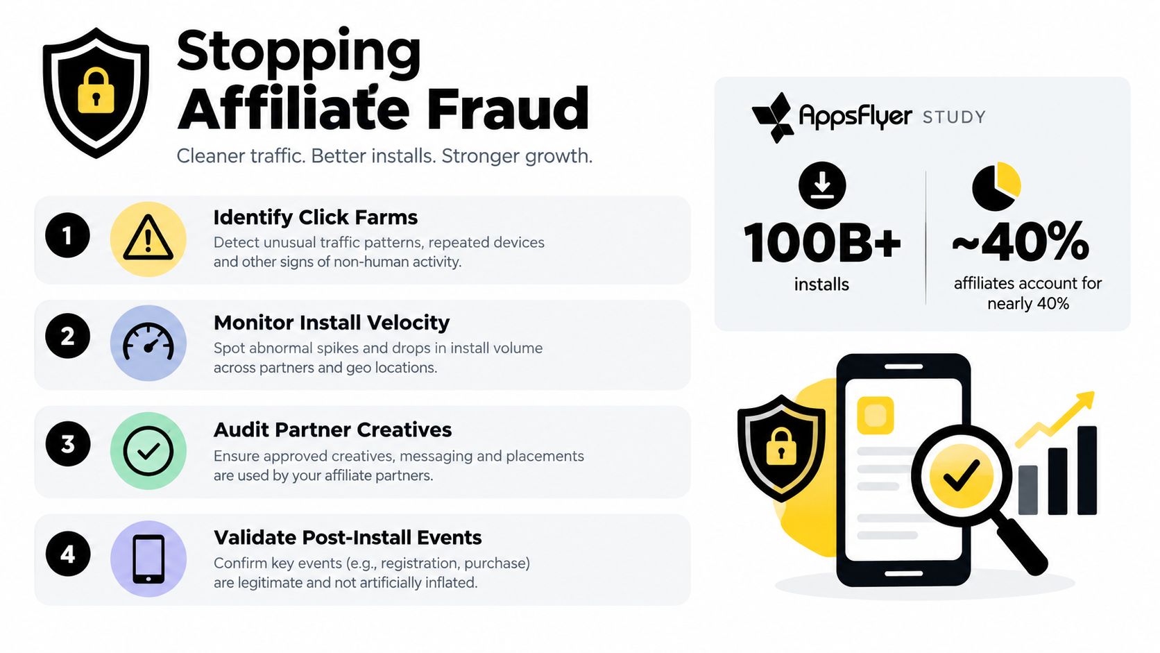 An infographic showing four steps to prevent affiliate fraud in app marketing, including identifying click farms and monitoring installs.
