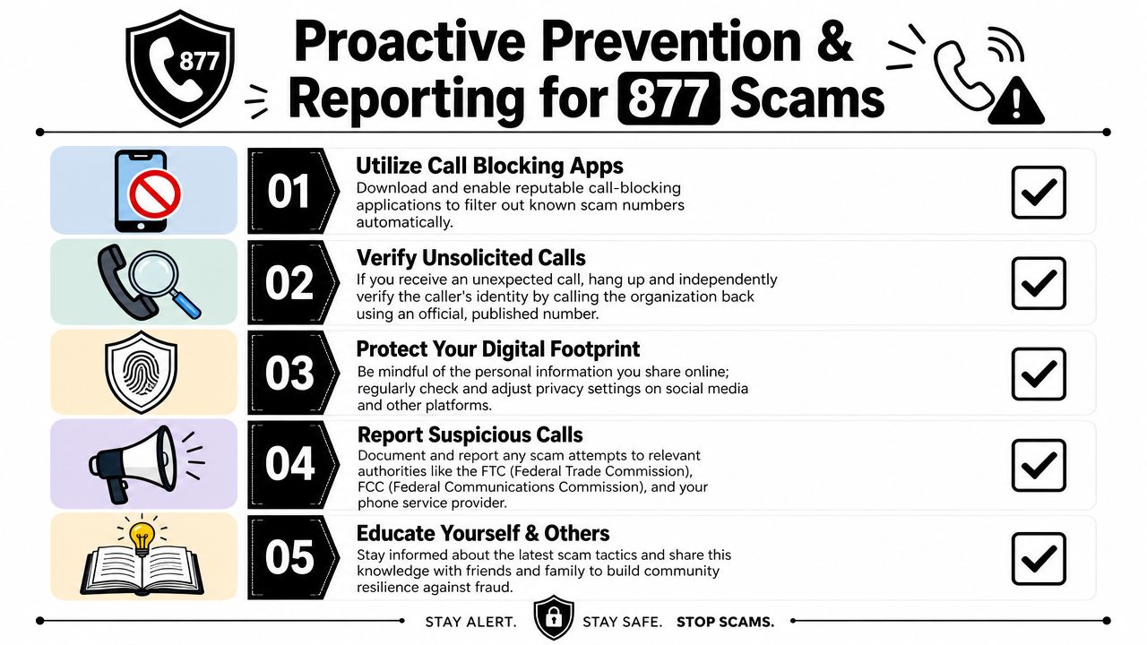 An infographic titled Proactive Prevention and Reporting for 877 Scams, outlining five actionable safety tips against fraudulent calls.