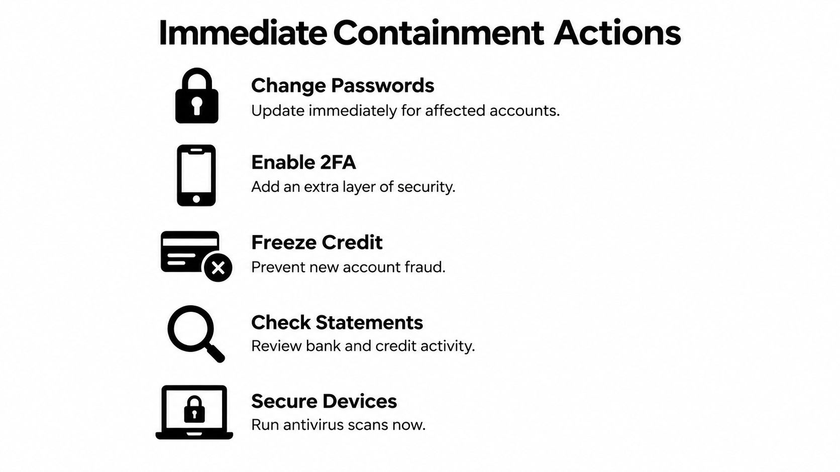 A checklist of five immediate containment actions to take after a security data breach incident occurs.