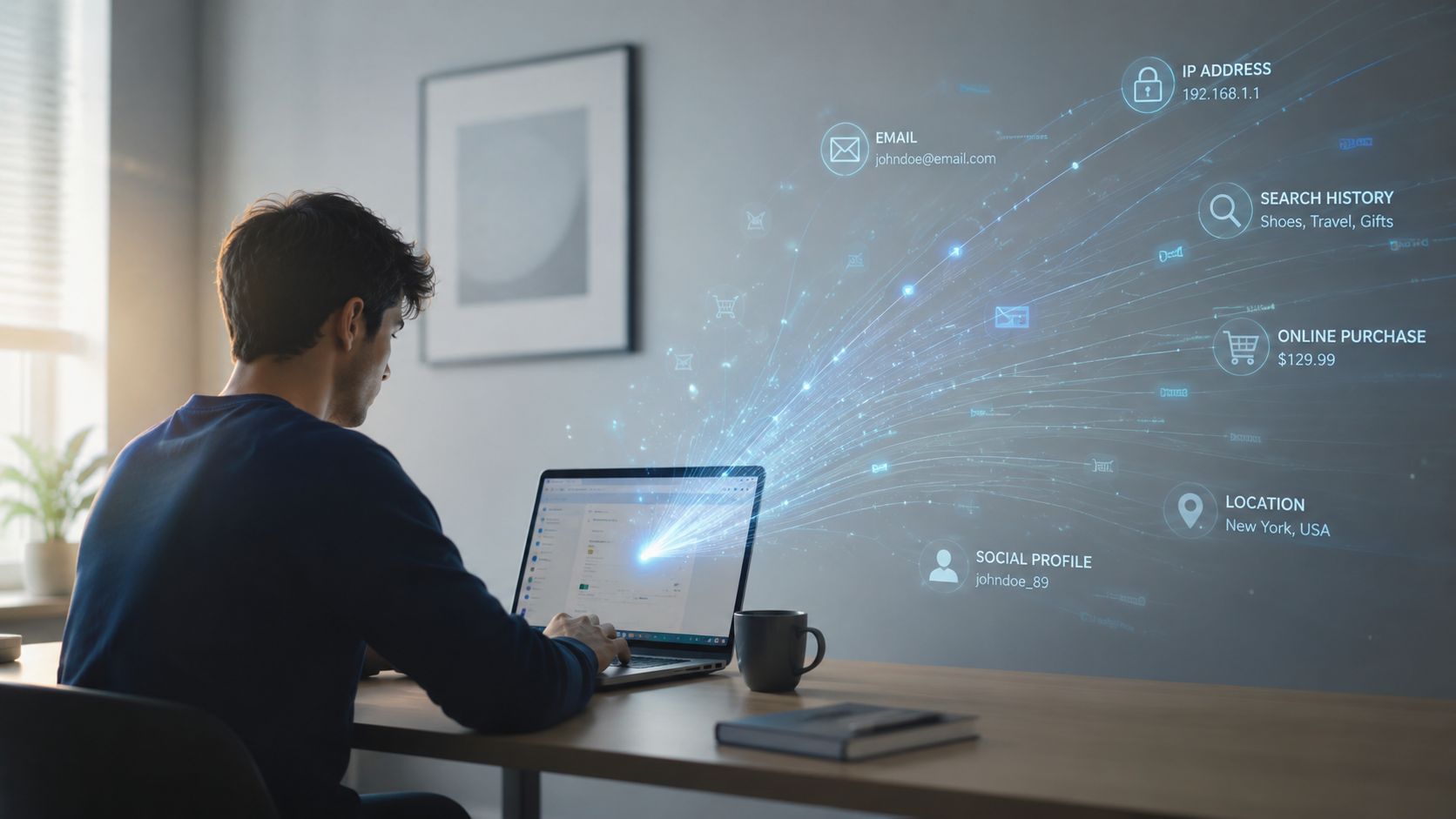 A person using a laptop with digital data visualizations showing personal information like location and purchase history.