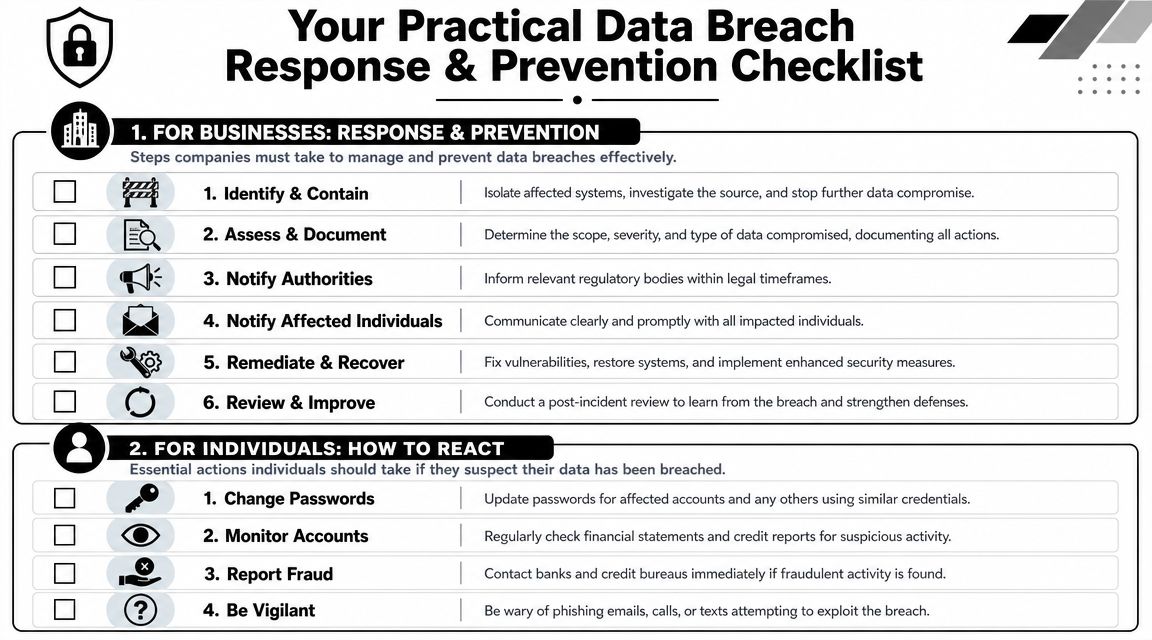 A comprehensive checklist for businesses and individuals covering essential steps to respond to and prevent data breaches.
