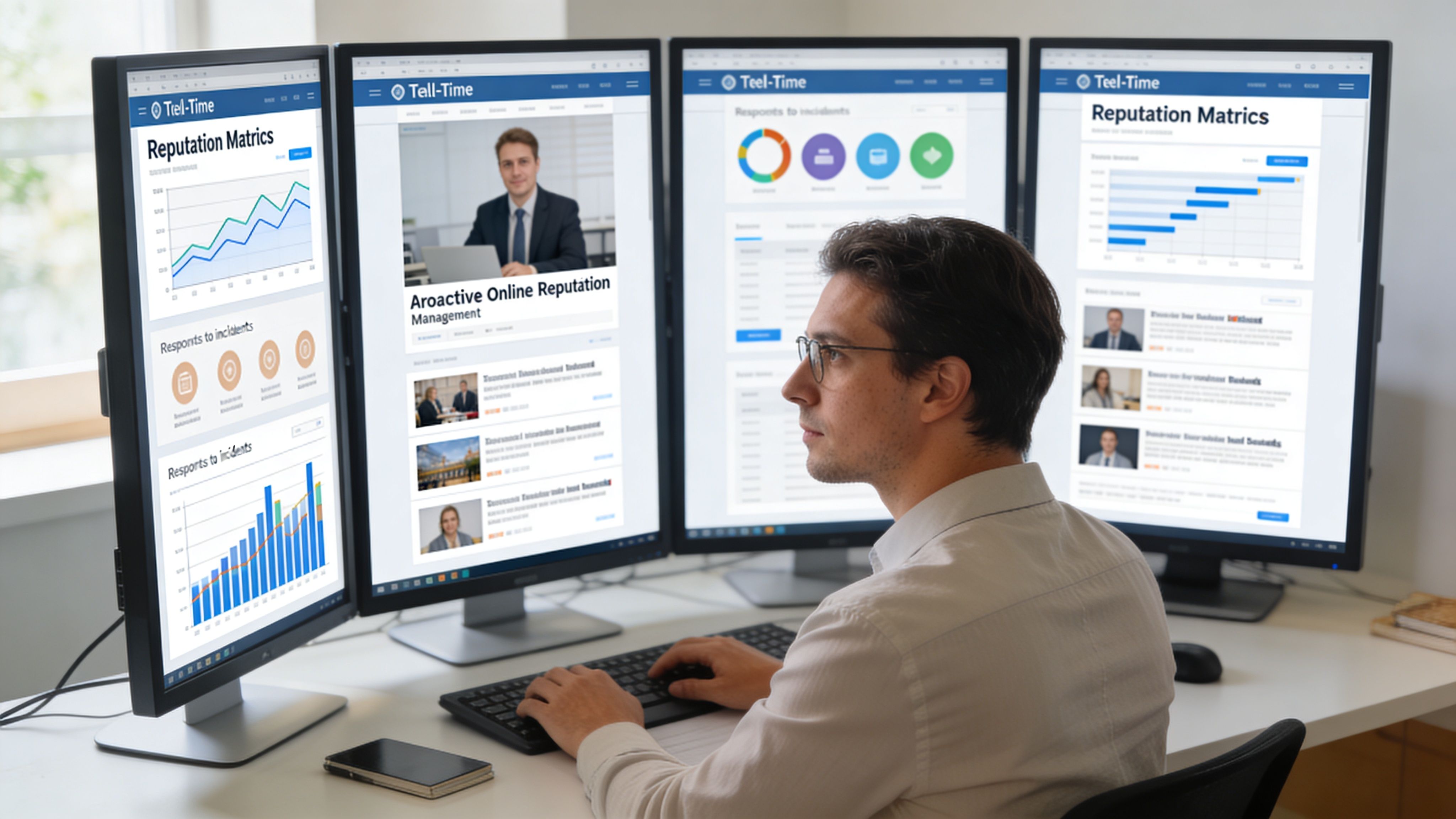 A professional man working on reputation management software across four computer monitors in an office.