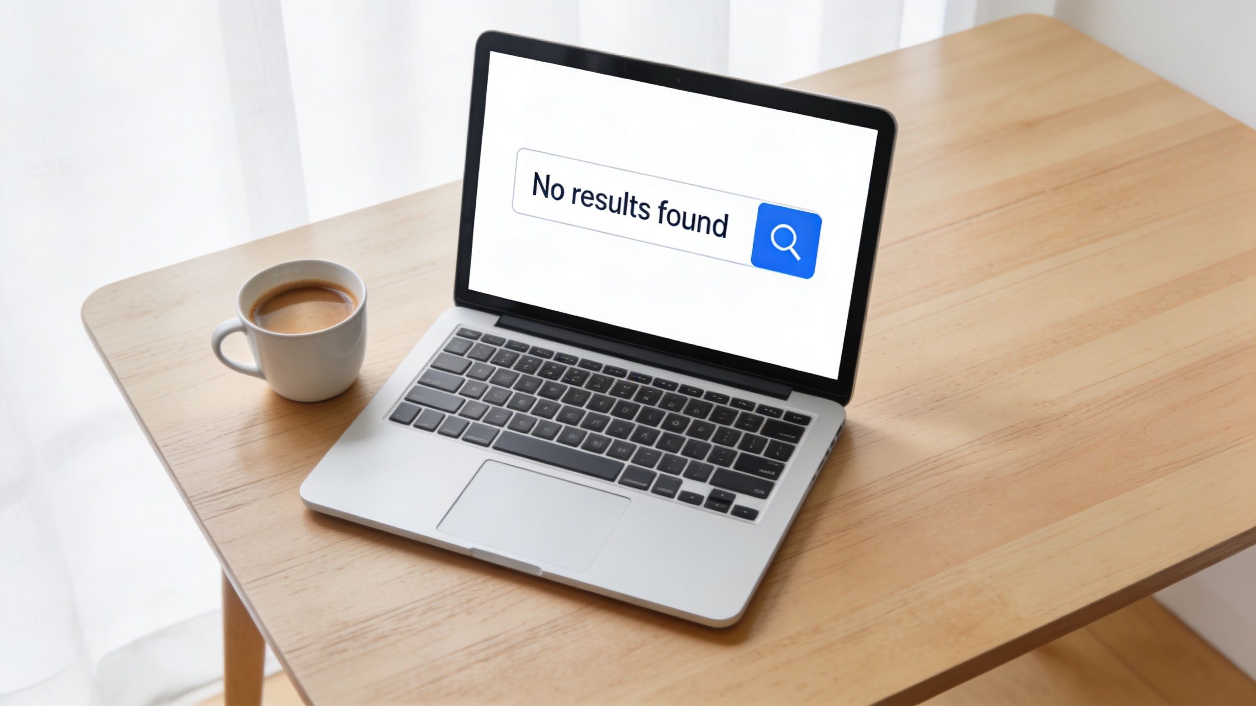 A modern laptop on a wooden desk showing a no results found message on the screen.