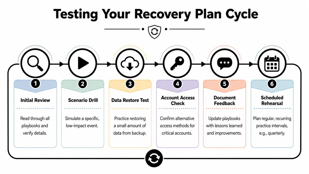 A six-step infographic illustrating the cyclical process for testing and maintaining a business disaster recovery plan.