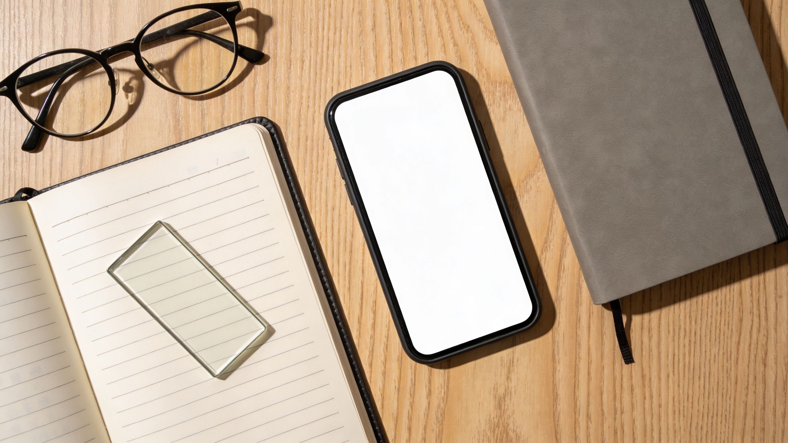 A top-down view of a smartphone, a lined notebook, glasses, and a gray journal on a wooden desk.