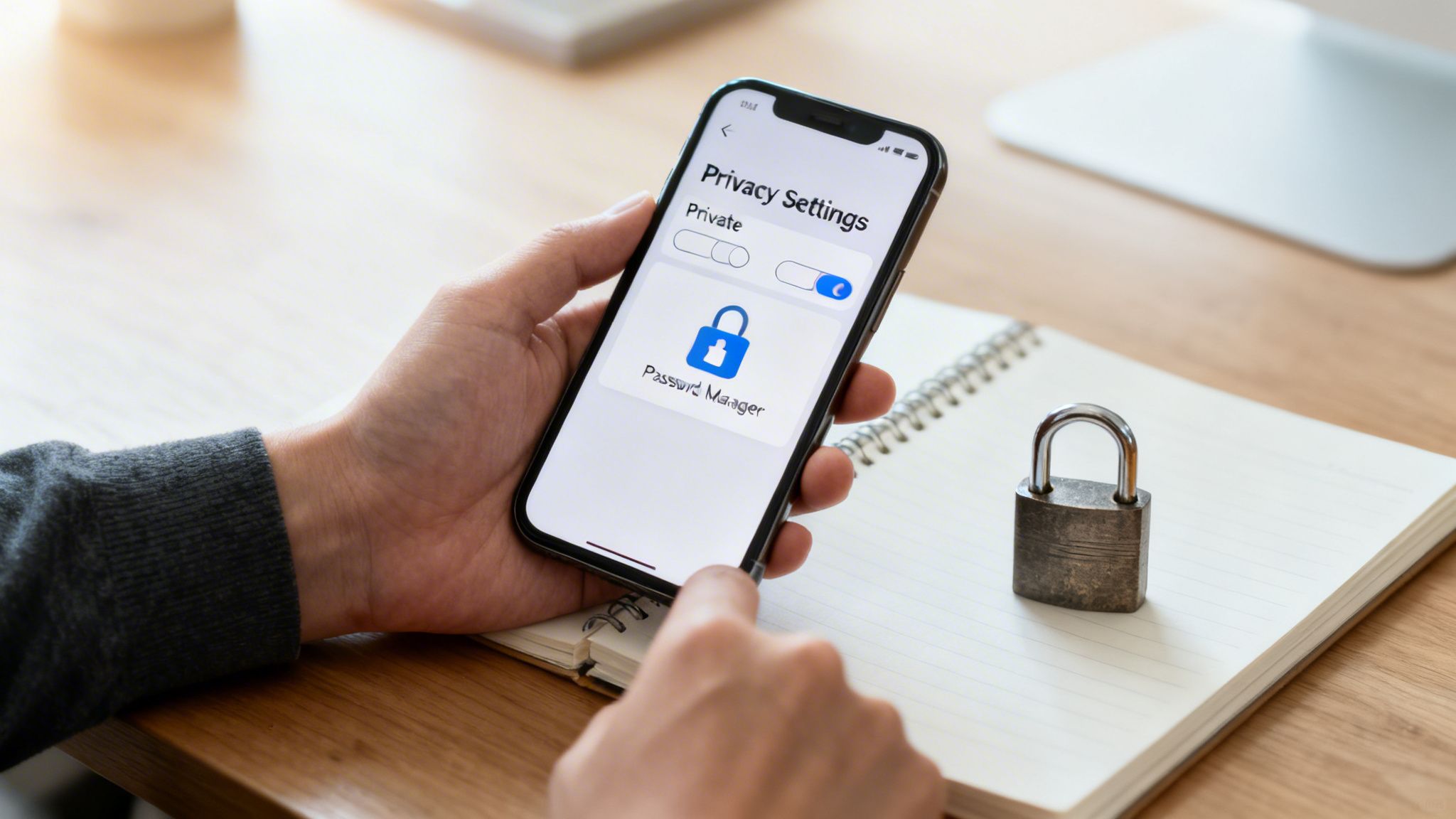 Person's hands holding a smartphone displaying privacy settings and a password manager, next to a notebook and padlock.