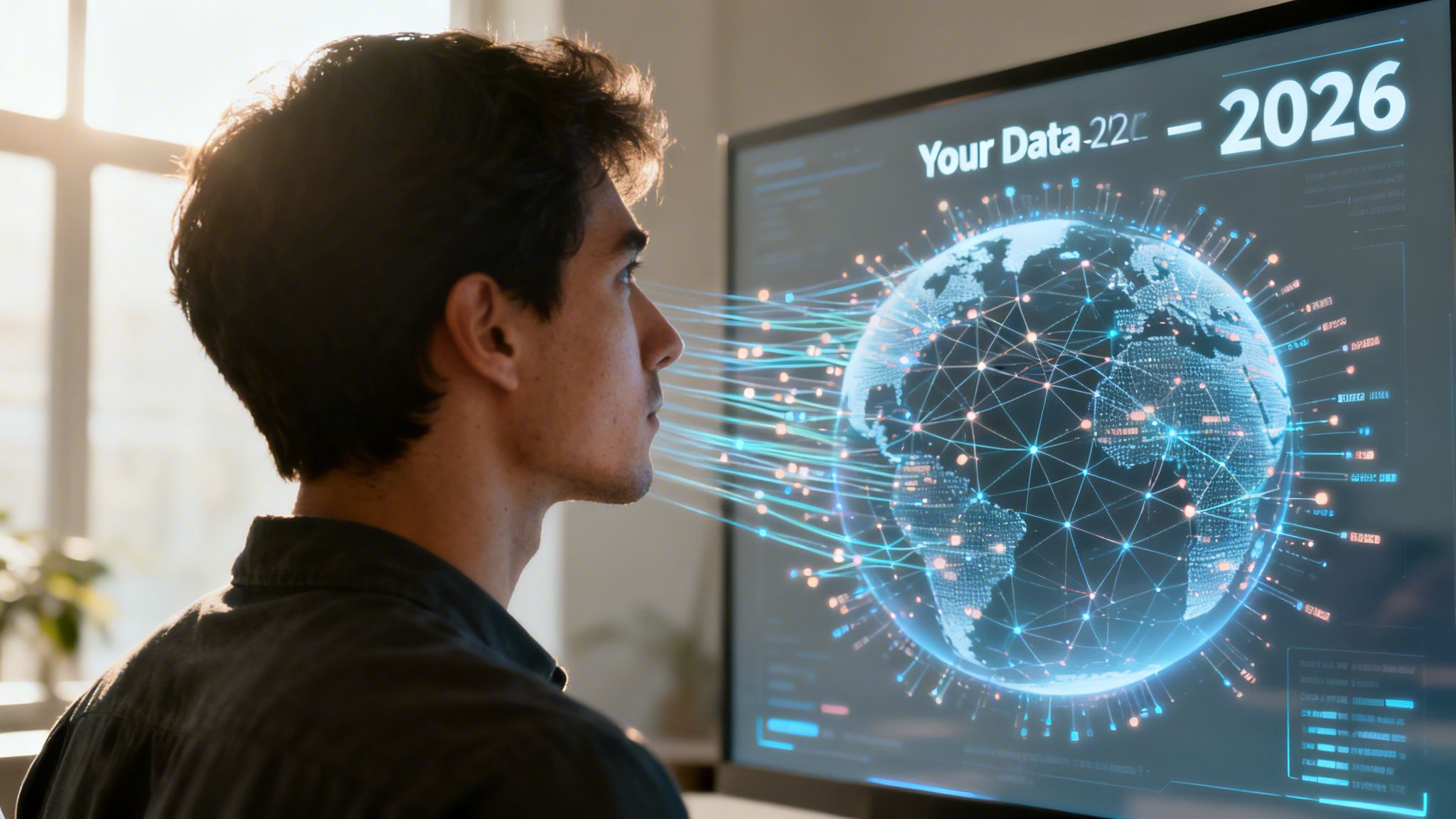 A young man looking at a glowing digital globe visualization of global data networks on a screen.