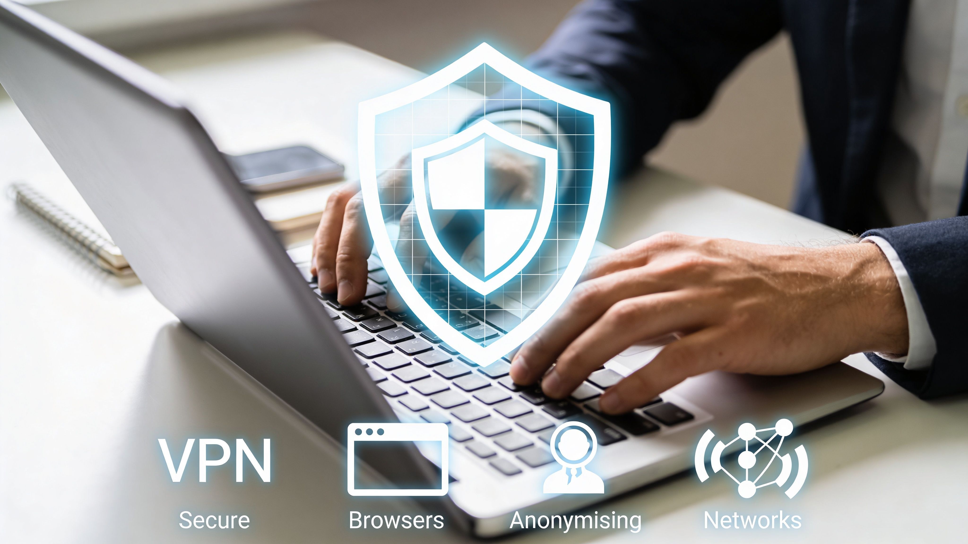 A professional working on a laptop with a digital security shield icon representing VPN and data protection.