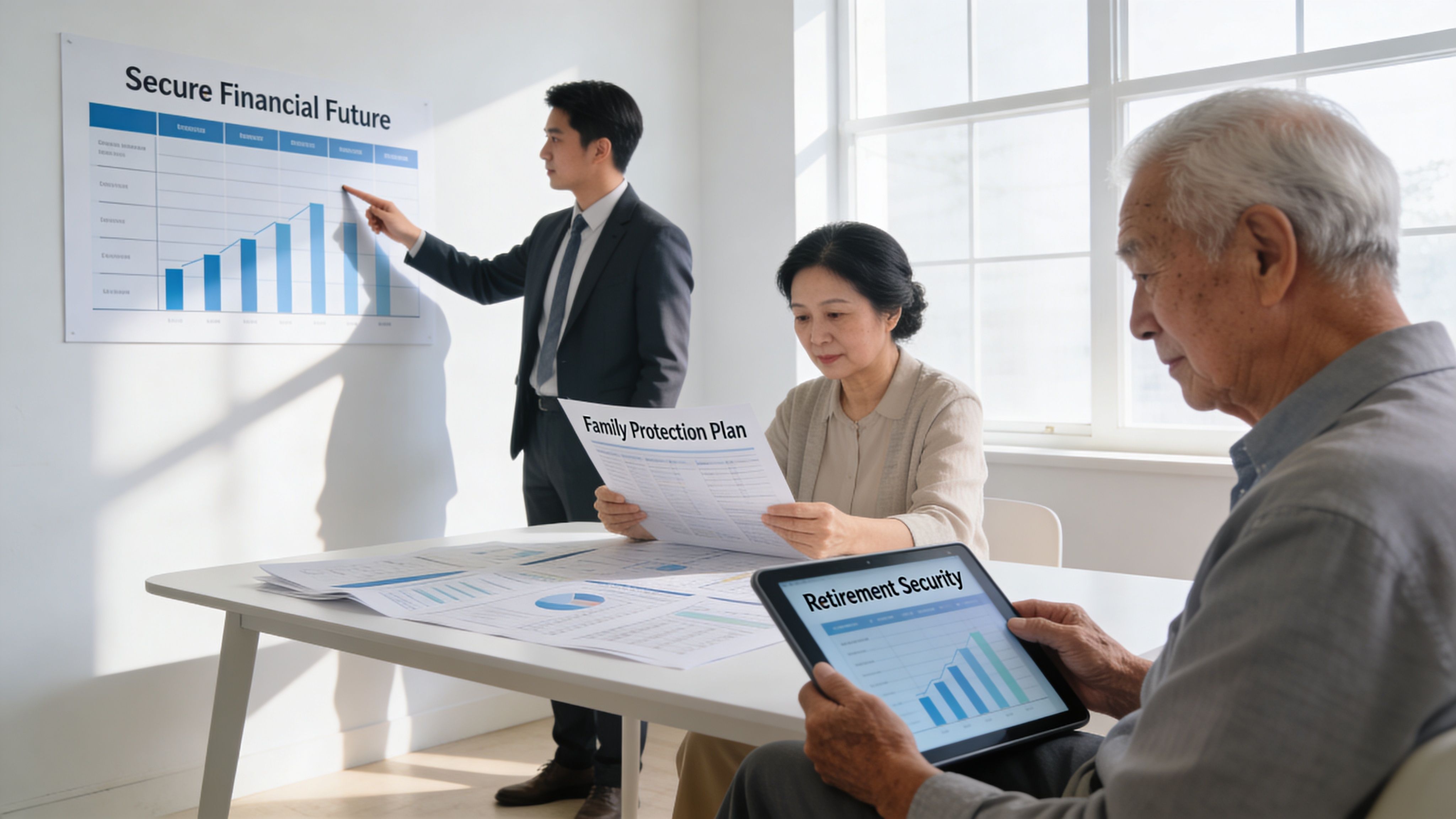 A financial advisor presenting a secure financial future plan to an elderly couple in an office setting.