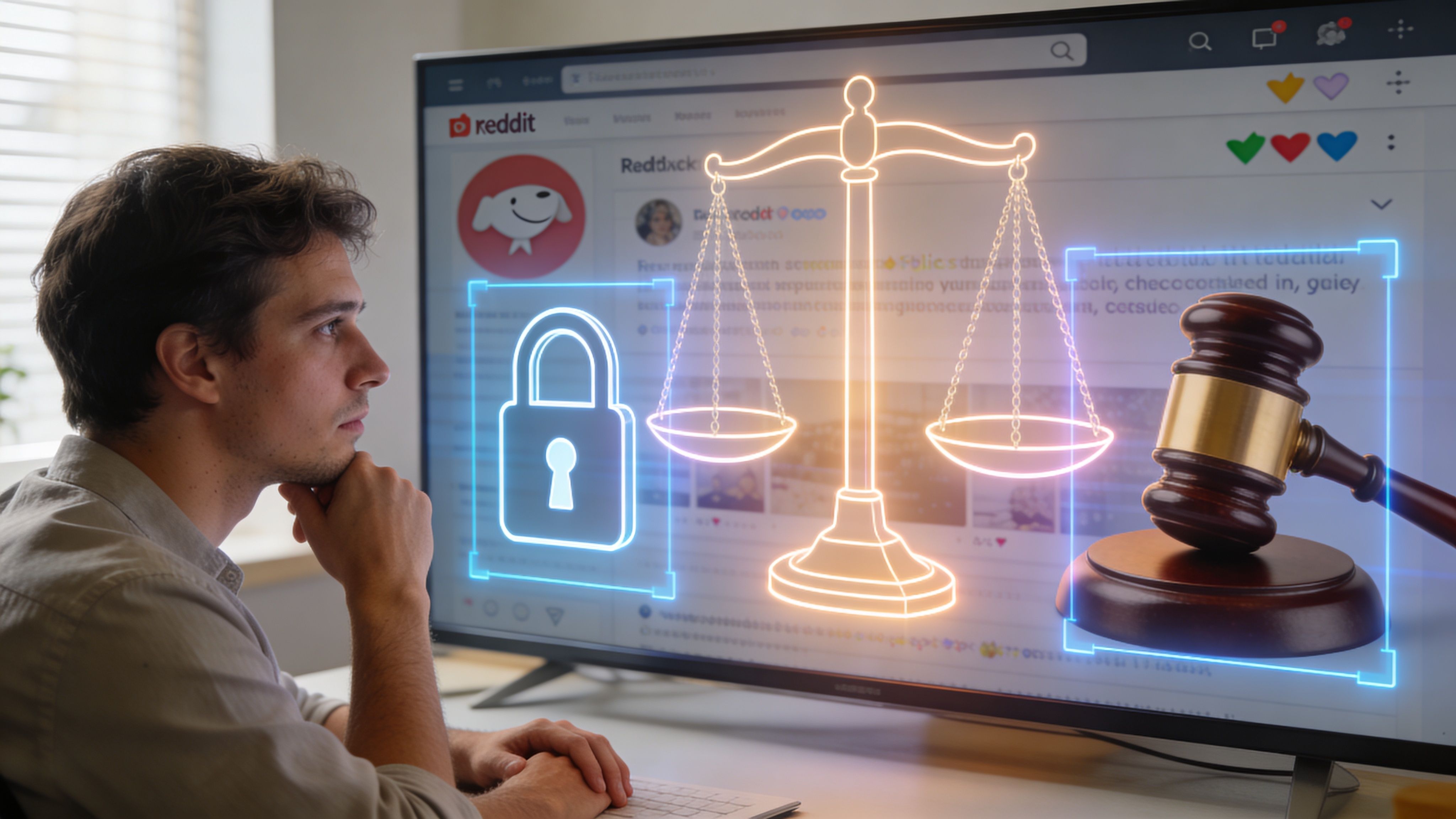 A man staring at a computer screen displaying legal symbols like a balance scale and a gavel.