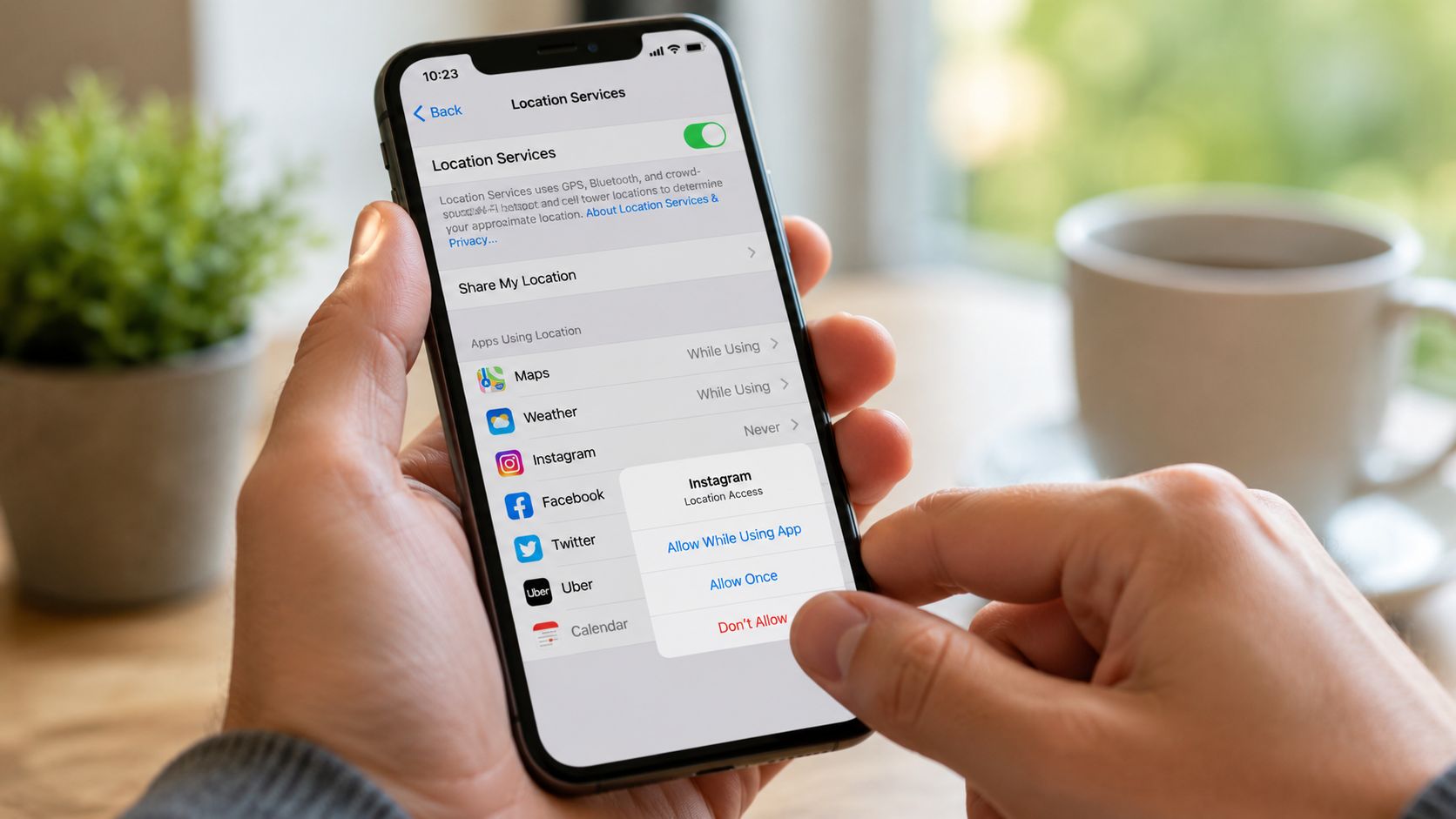 A hand holds a smartphone displaying the iOS location services privacy settings menu on the screen.