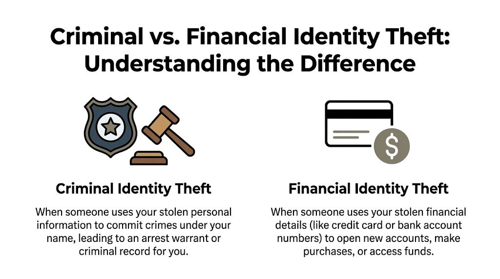 An infographic showing the difference between criminal and financial identity theft with icons and brief definitions.
