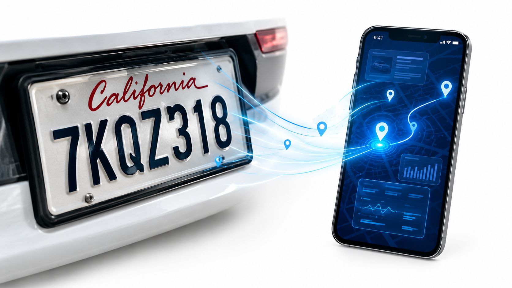 A digital illustration showing a California license plate connecting to a smartphone displaying GPS mapping software.