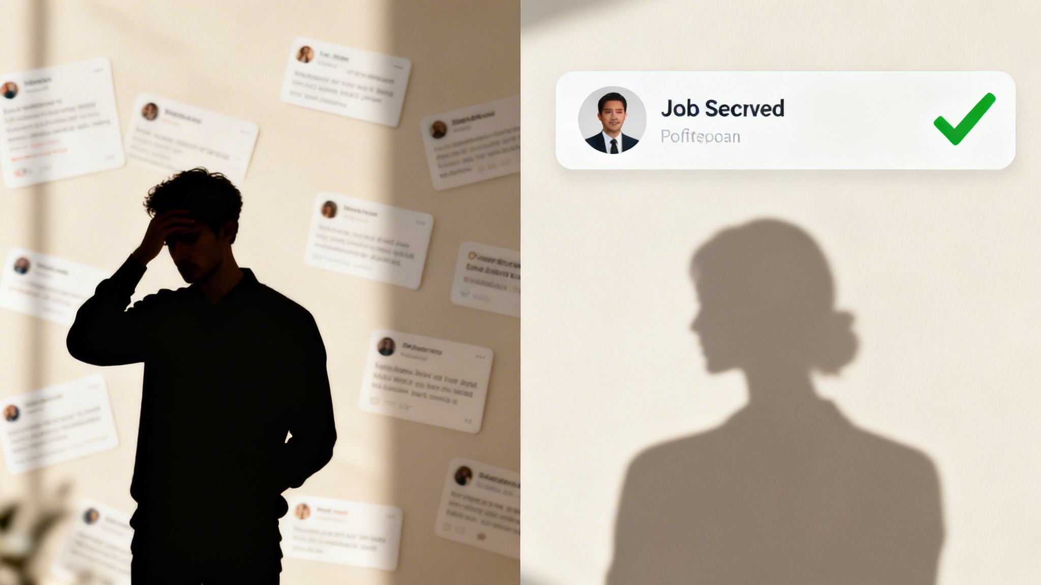 A man stressed by social media posts contrasts with a 'Job Secured' notification and a hopeful silhouette.