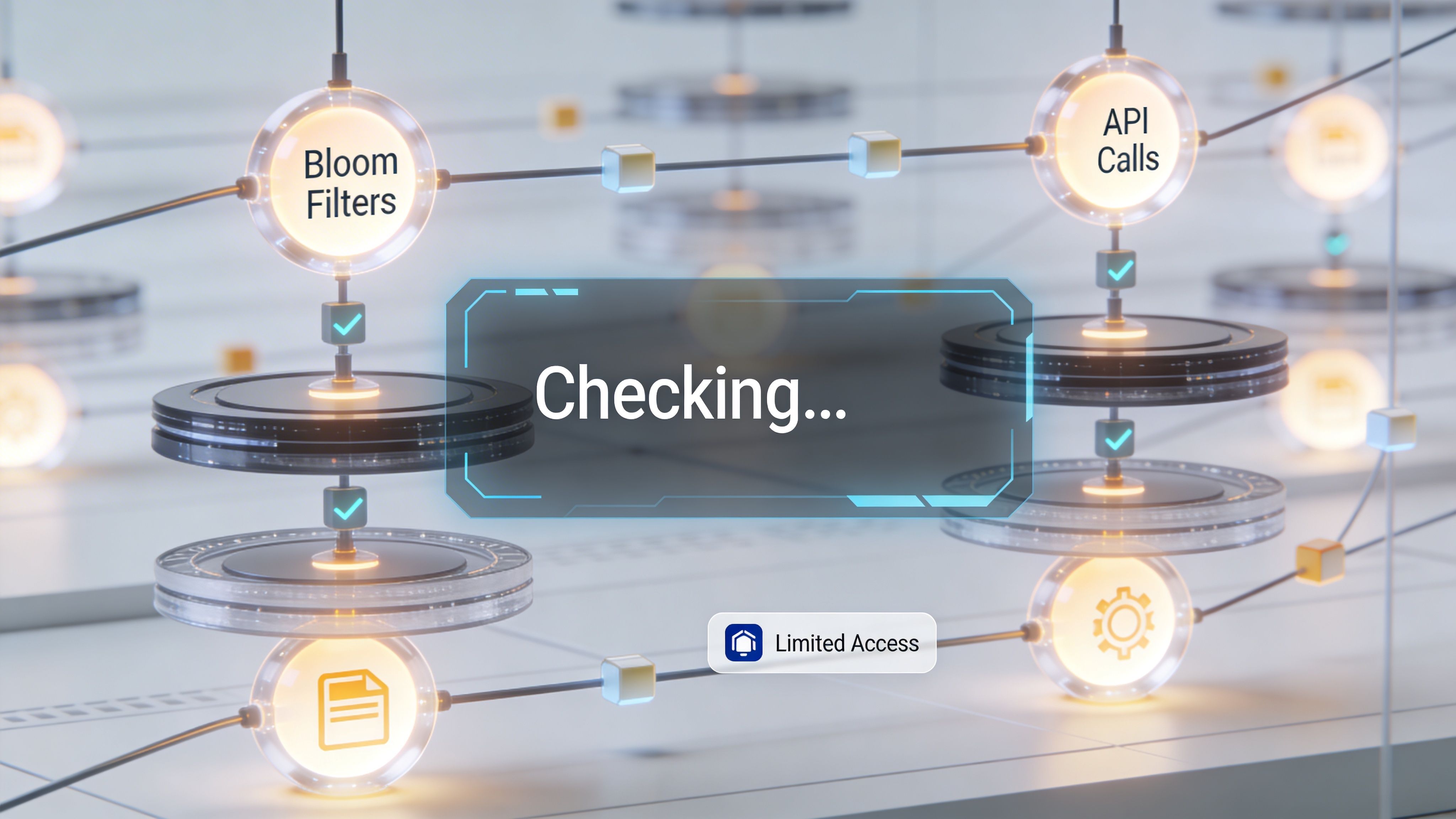 A 3D rendering of a network interface checking social media username availability with glowing data nodes.